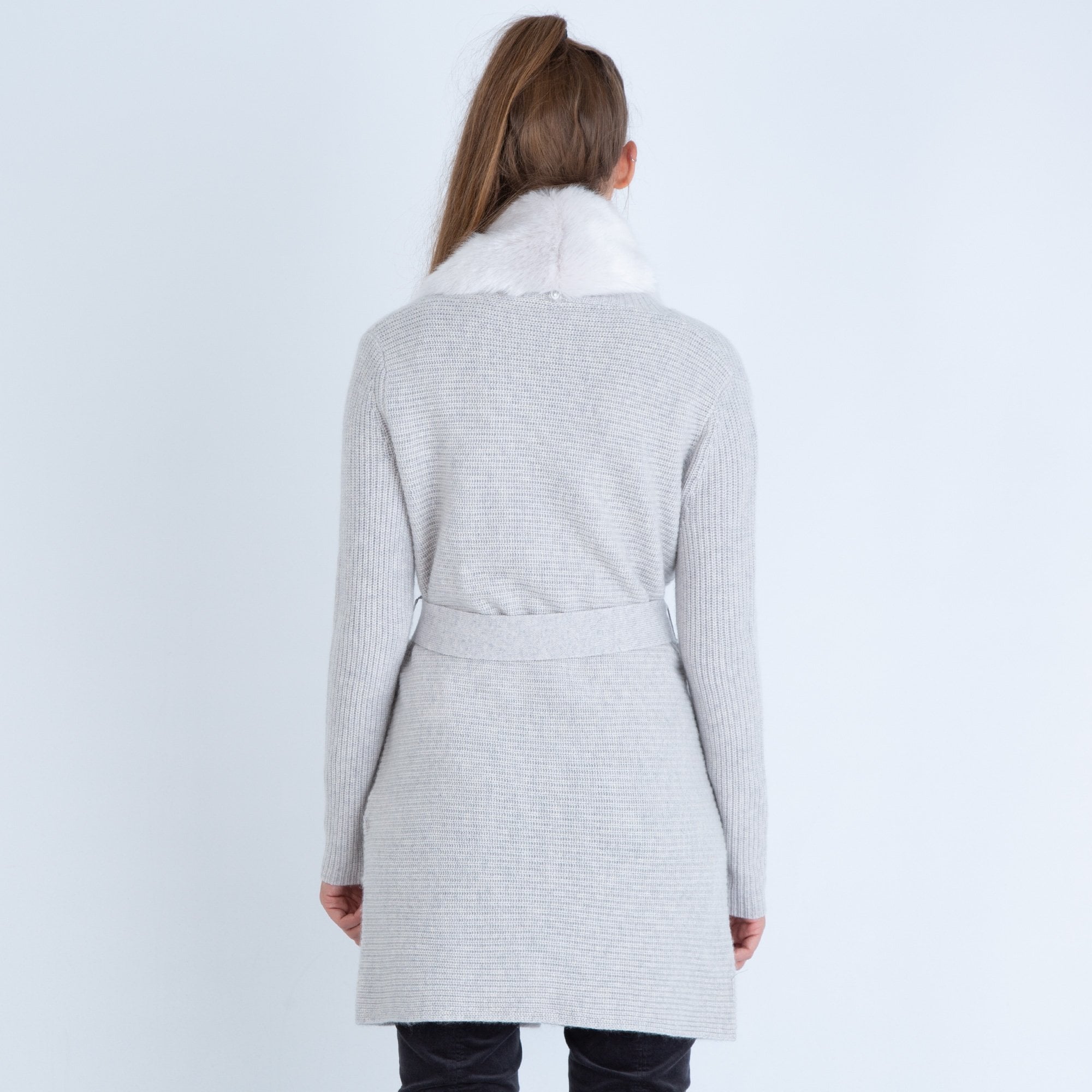 Marc Cain Ribbed Long Cardy With Fur Collar Grey