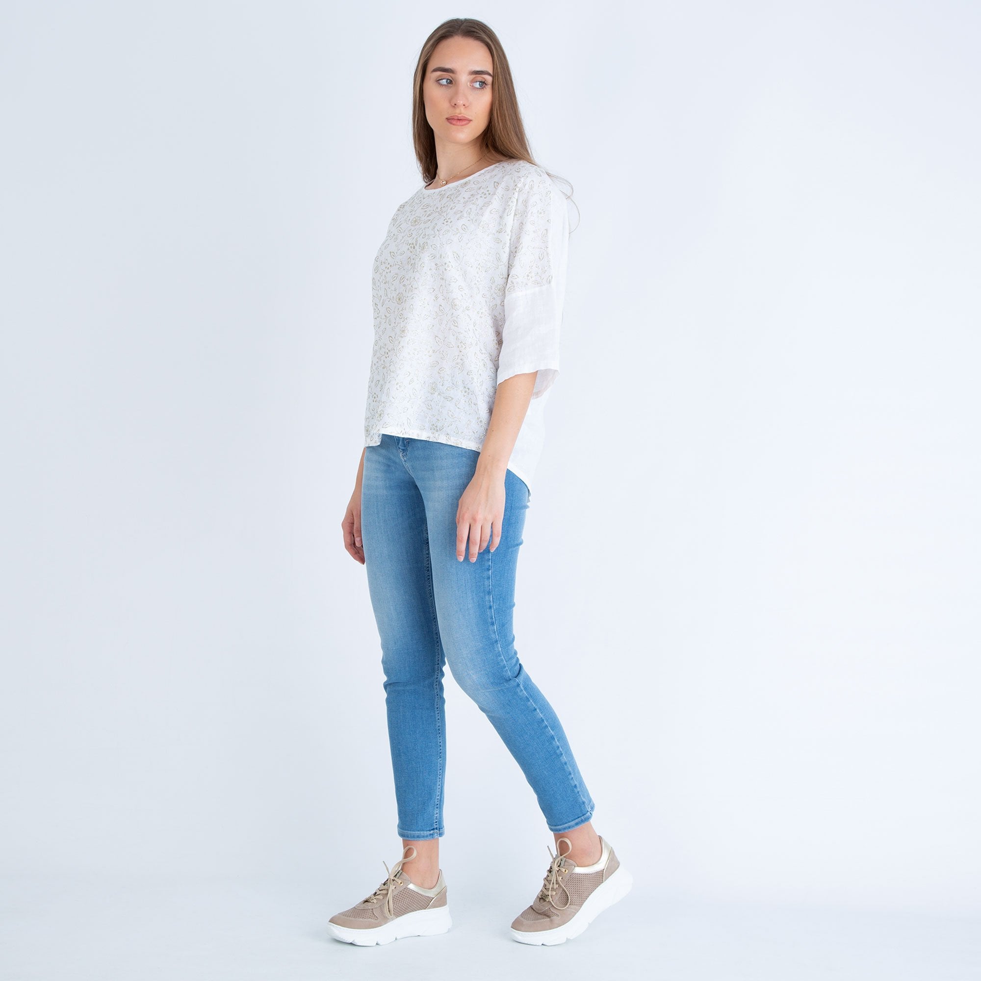 120% Lino Round Neck Glitter Floral Print Top White/Gold