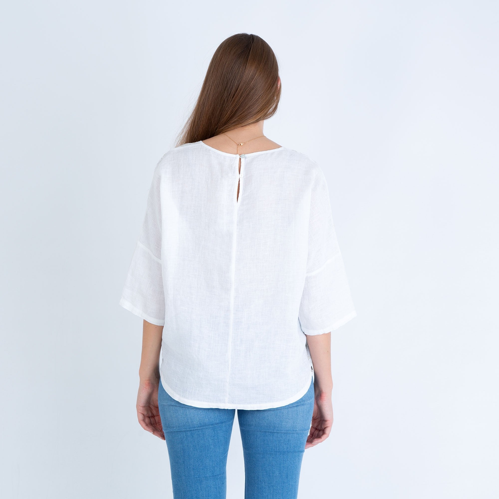 120% Lino Round Neck Glitter Floral Print Top White/Gold