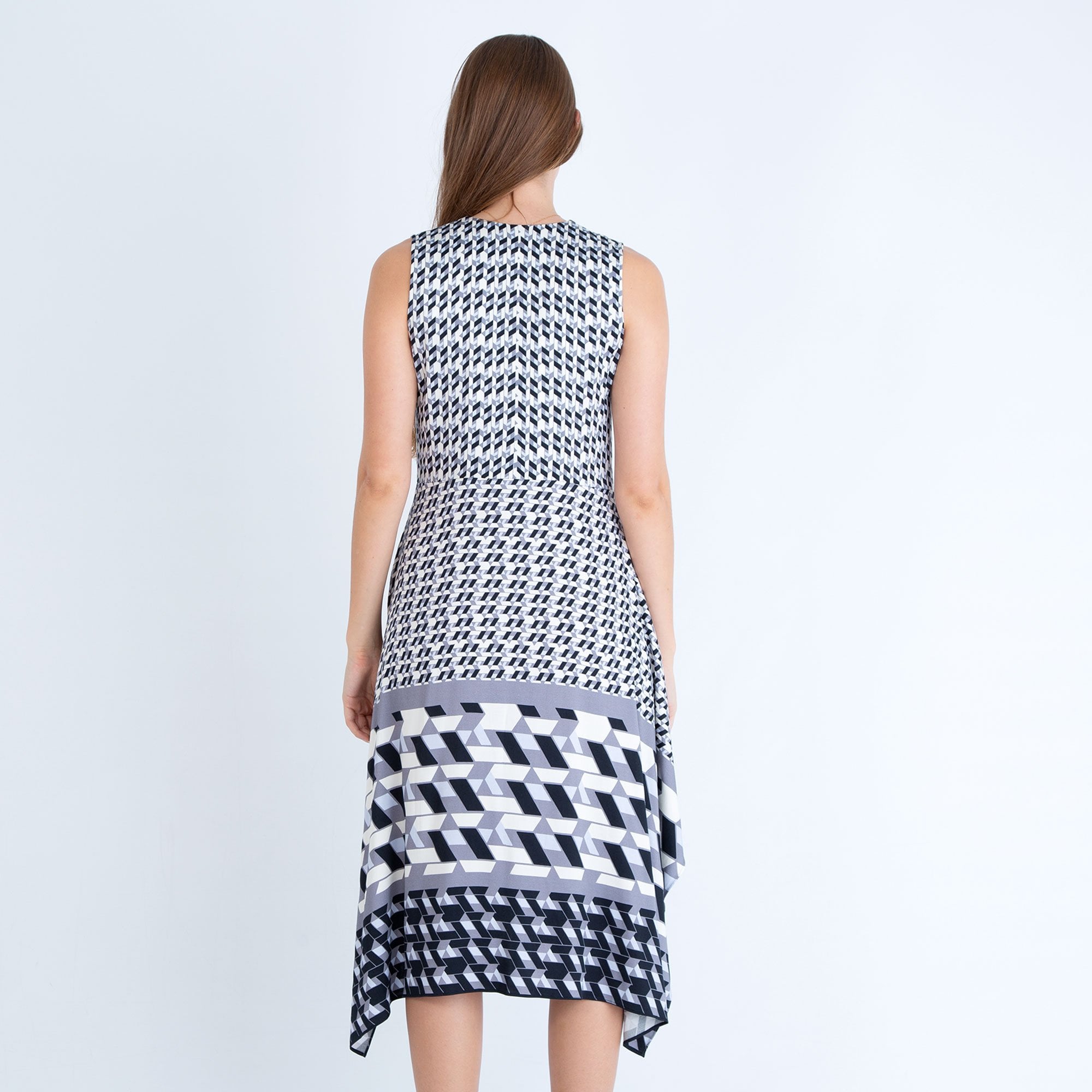 Hale Bob Geometric Print Dress With Hankerchief Hem Black/White