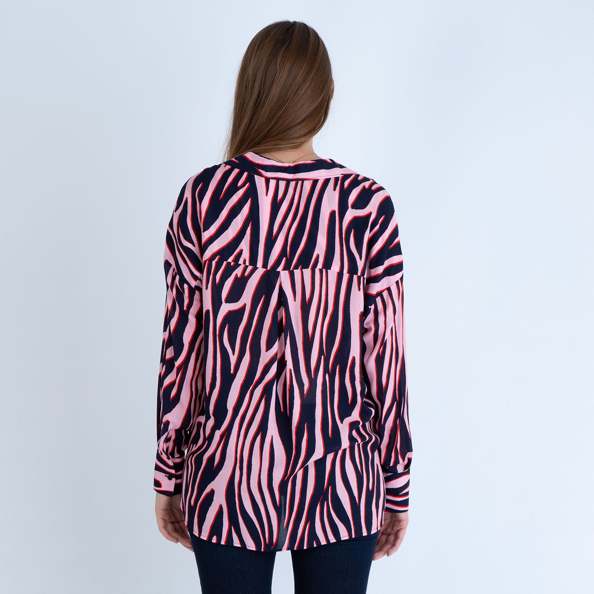 Milano Italy Viscose Zebra Print Pleat Front Blouse Pink/Navy