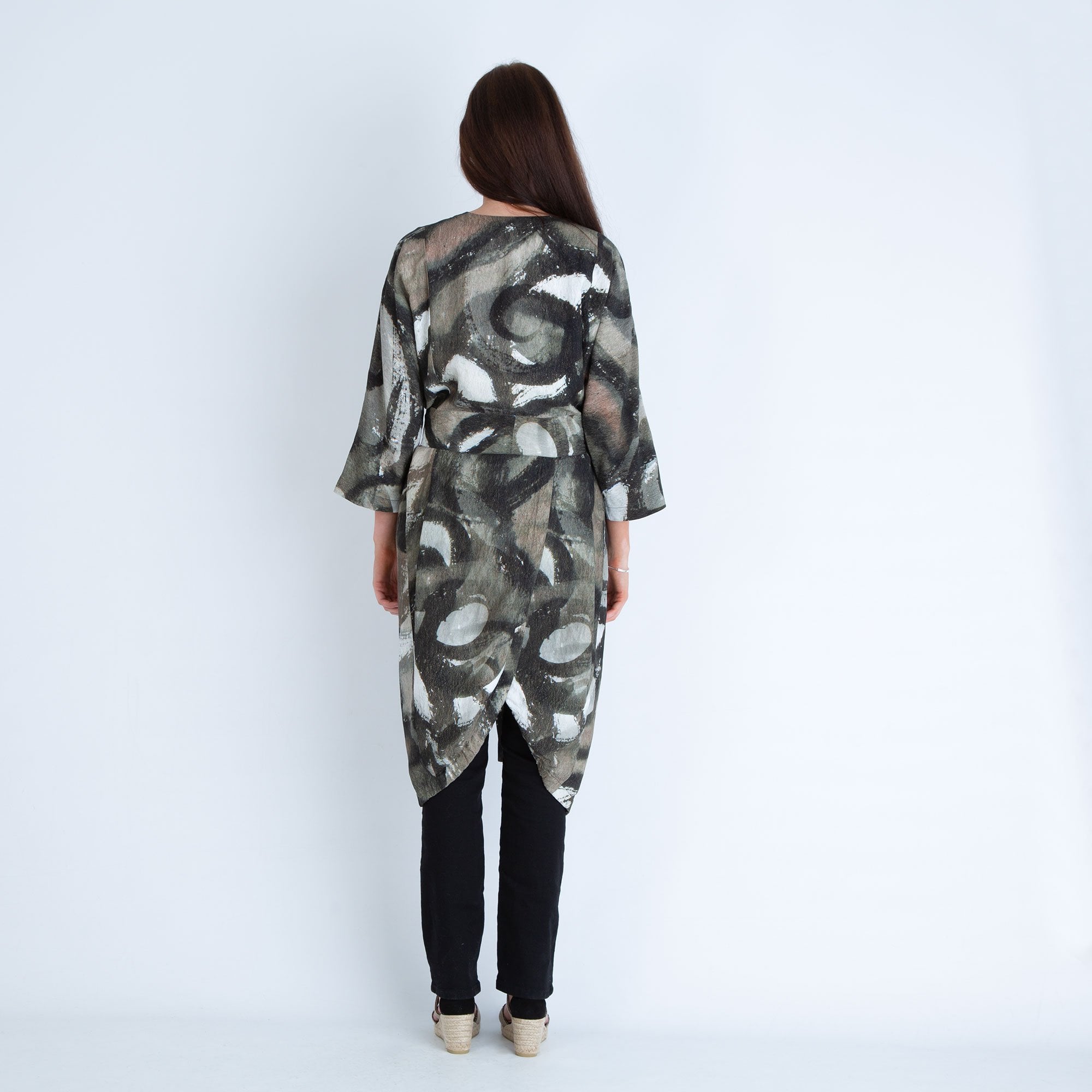 Crea Long Linen Print Kimono Khaki Multi