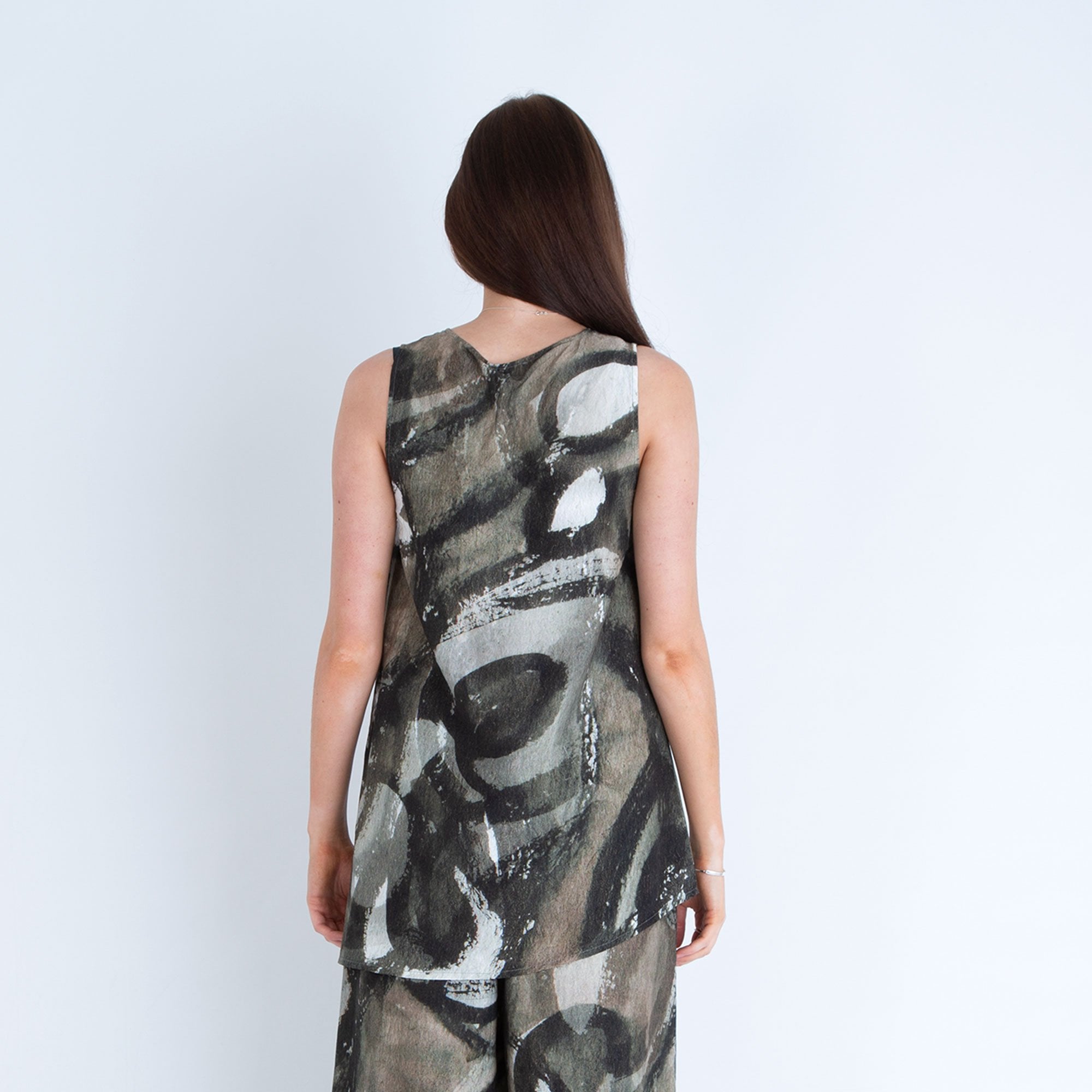 Crea A-Symmetrical Side Linen Print Tunic Khaki Multi