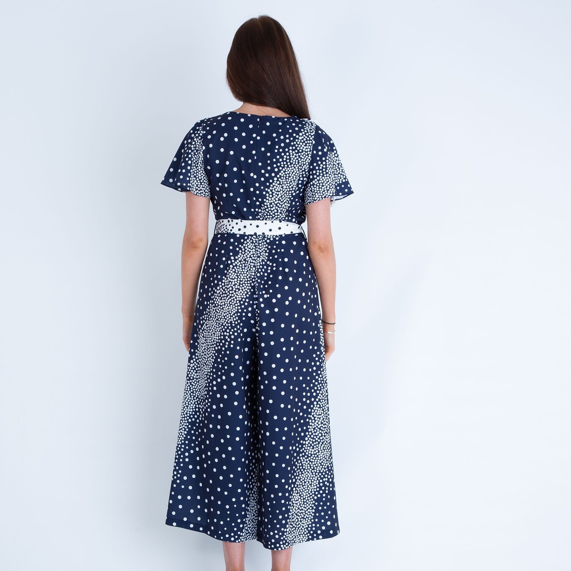 Izabella Polka Dot Frill Jumpsuit With Tie Waist Navy/Cream