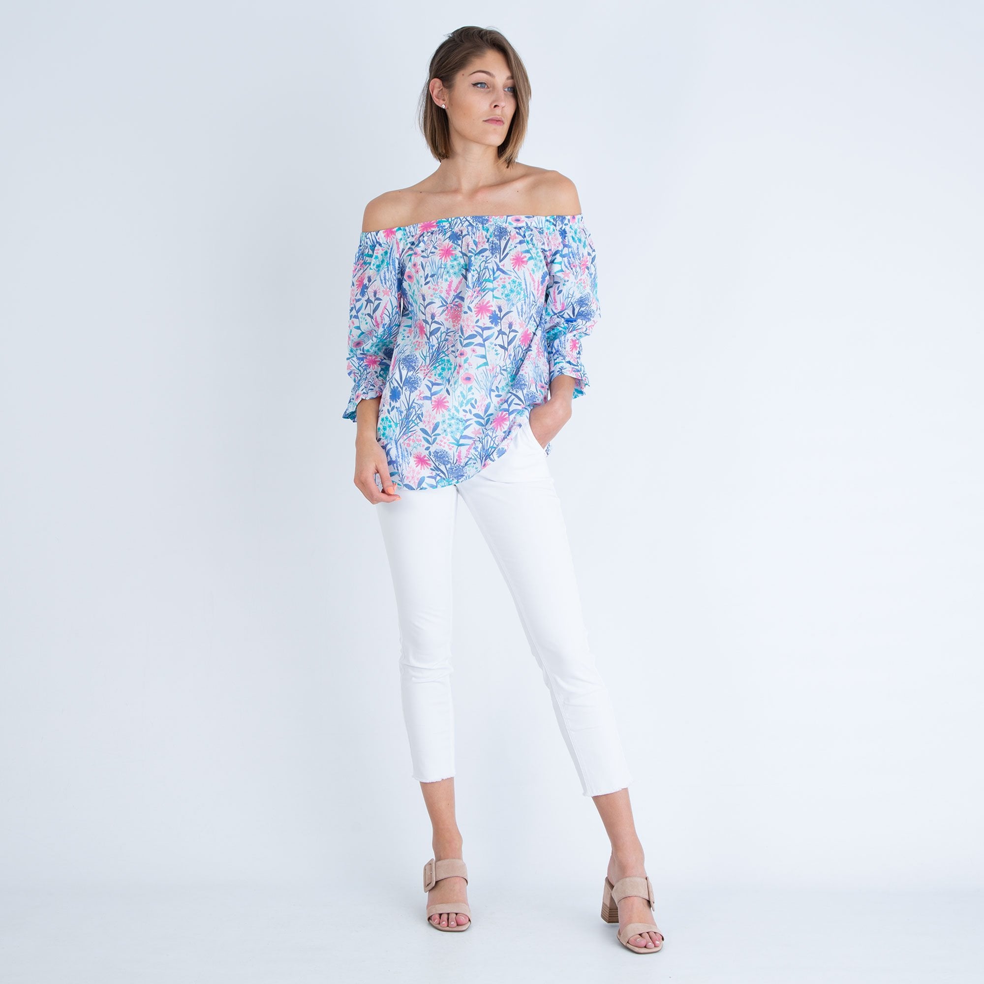 Hatley Floral Print Bardot Top White/Multi