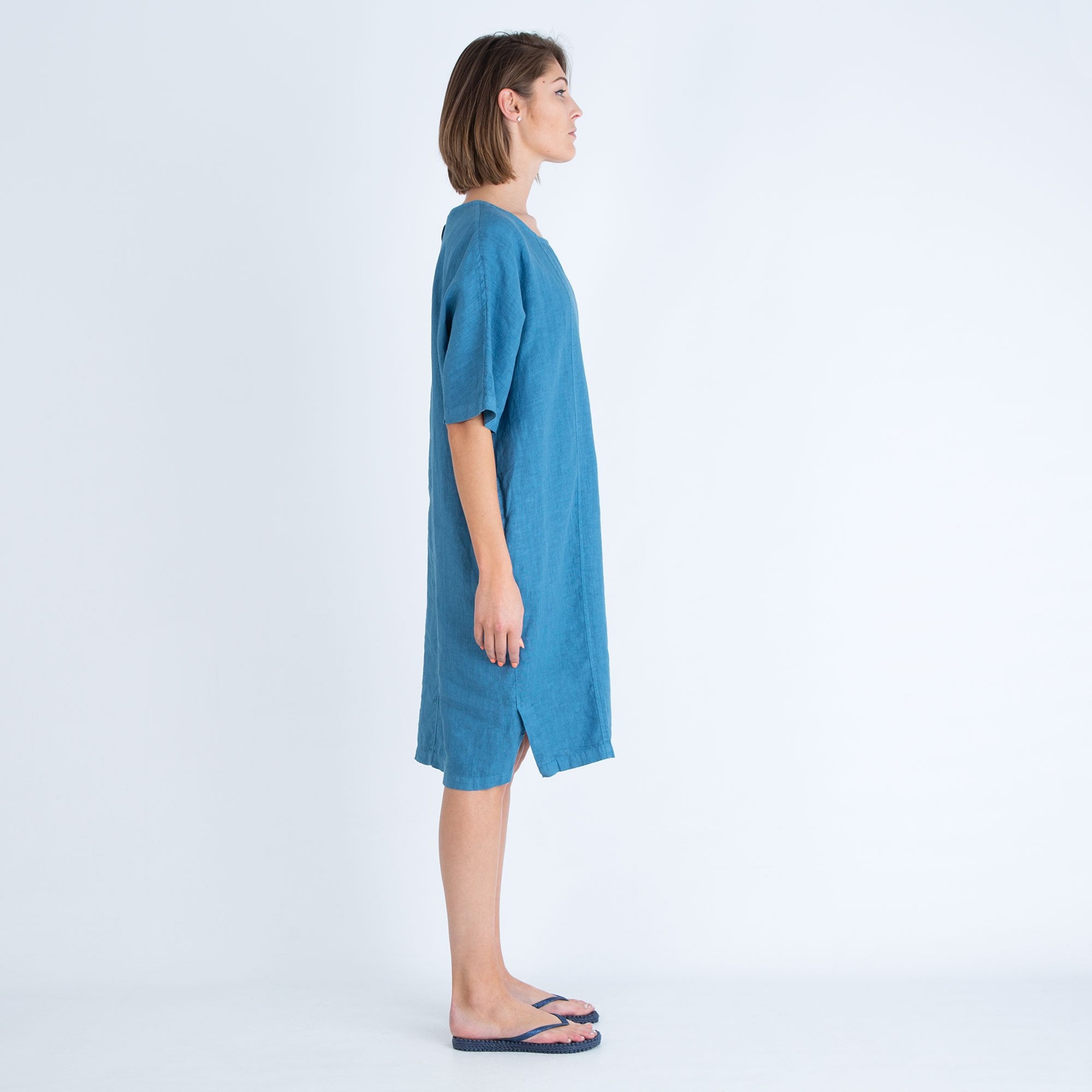 Haris Cotton Loose Bodied Linen Dress With Button Back Denim Blue