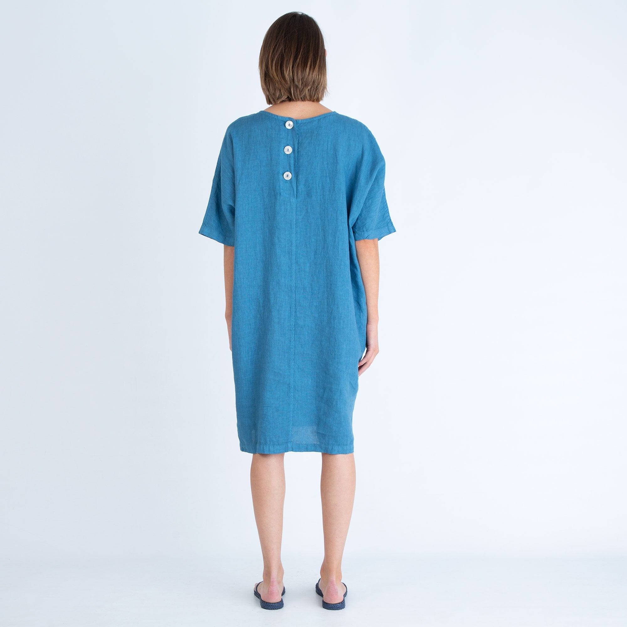 Haris Cotton Loose Bodied Linen Dress With Button Back Denim Blue