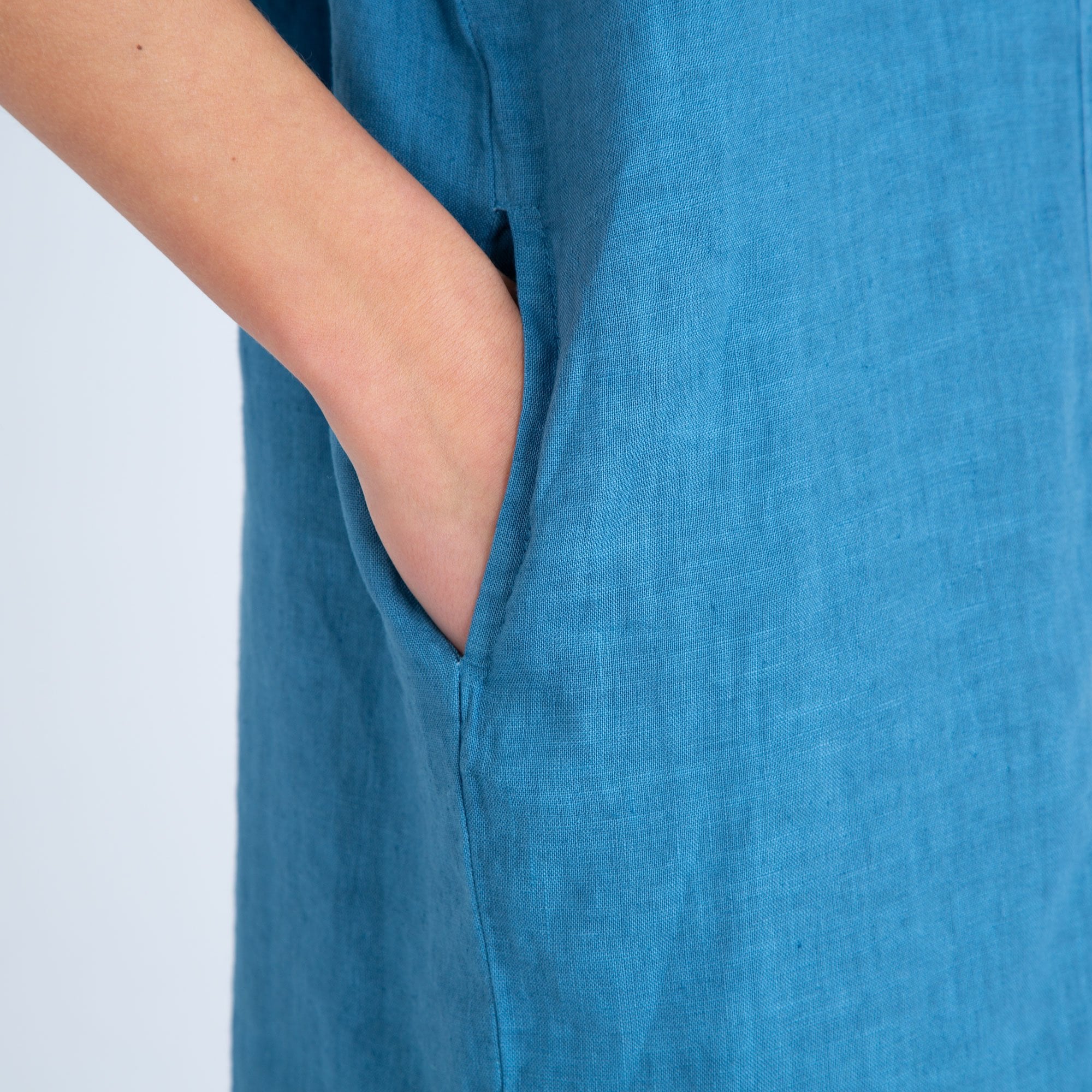 Haris Cotton Loose Bodied Linen Dress With Button Back Denim Blue