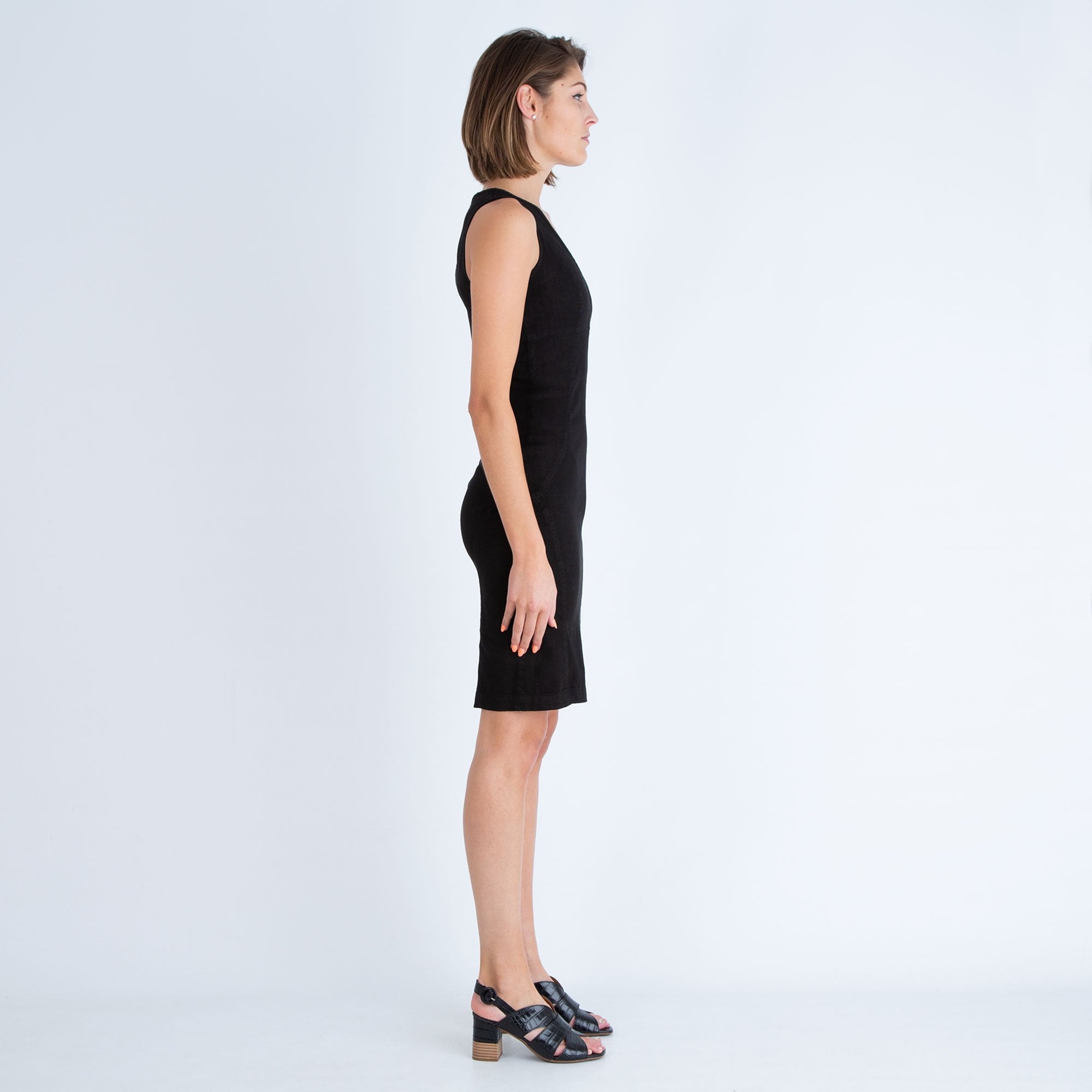 Haris Cotton V Neck Sleeveless Fitted Pencil Dress Black