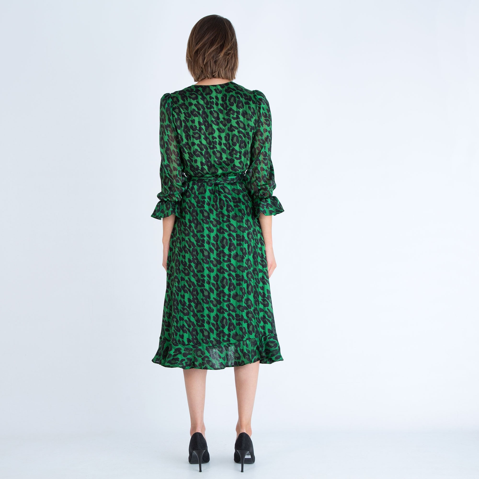 Molly Jo Leopard Print Frill Hem Wrap Dress Green and Black