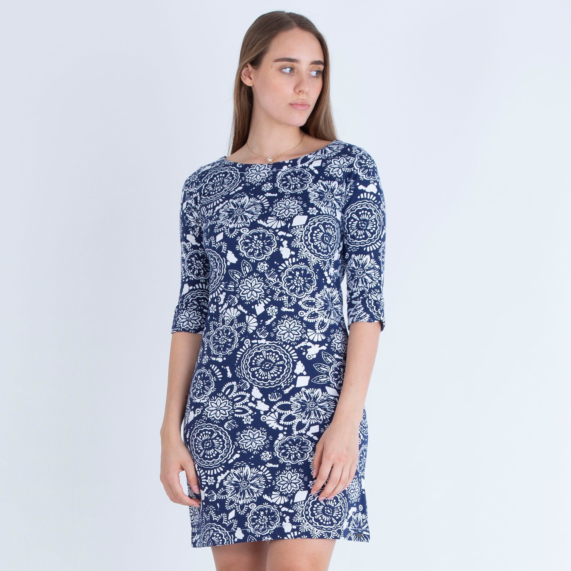 Hatley Lucy Round Neck A Line Floral & Mandala Print Dress Navy/white