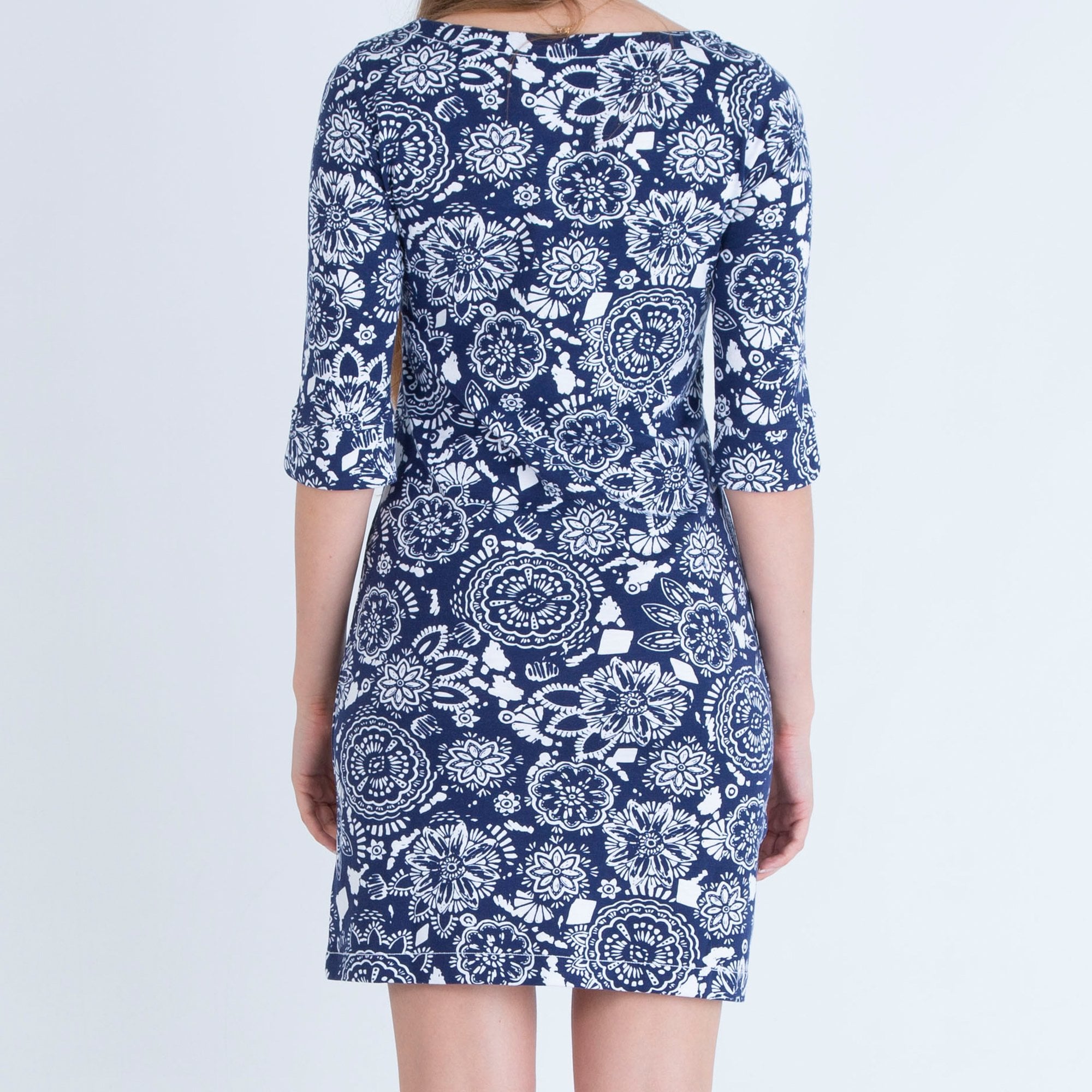 Hatley Lucy Round Neck A Line Floral & Mandala Print Dress Navy/white