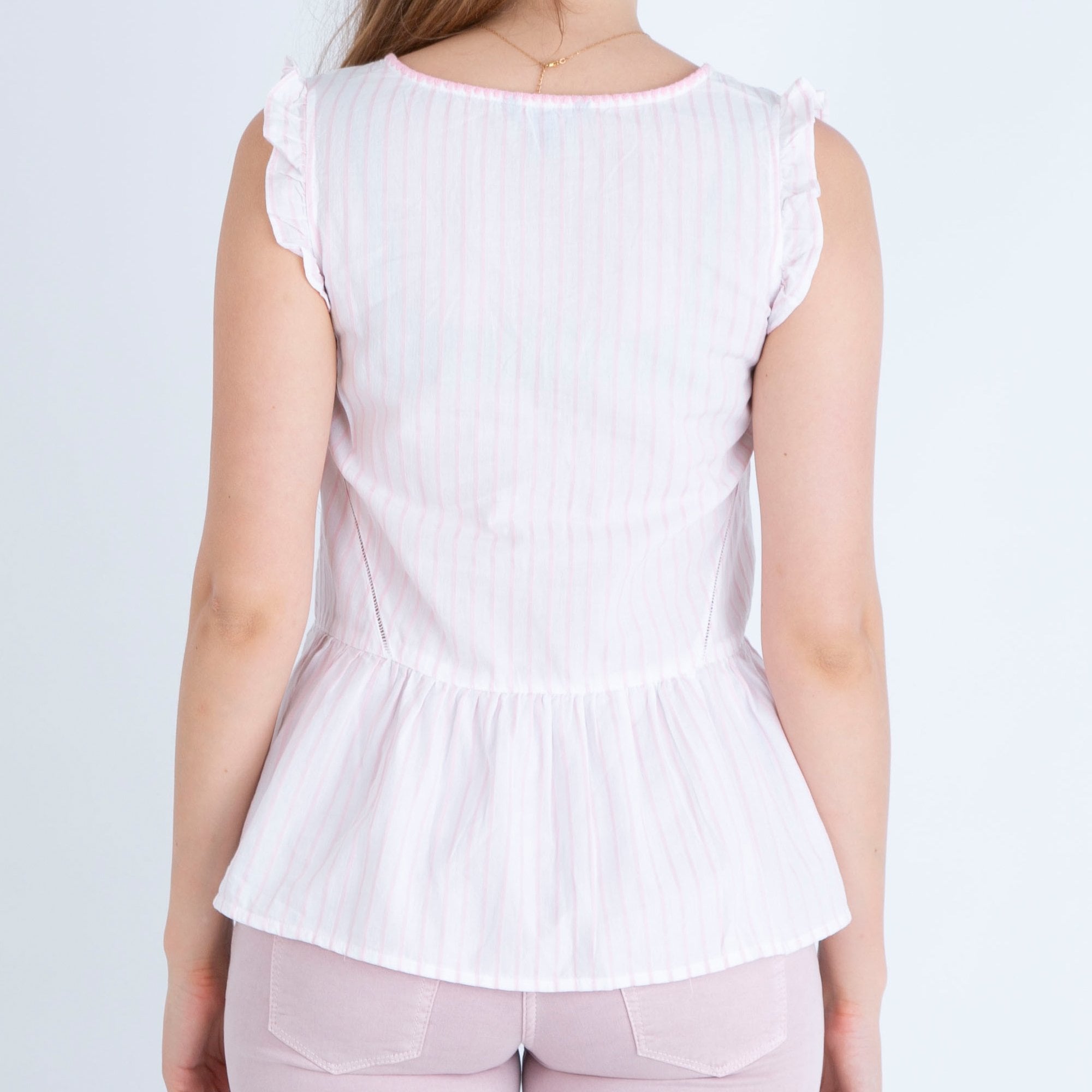 Hatley Angie Stripe Sleeveless Frill Sleeve Peplum Blouse Light Pink/white