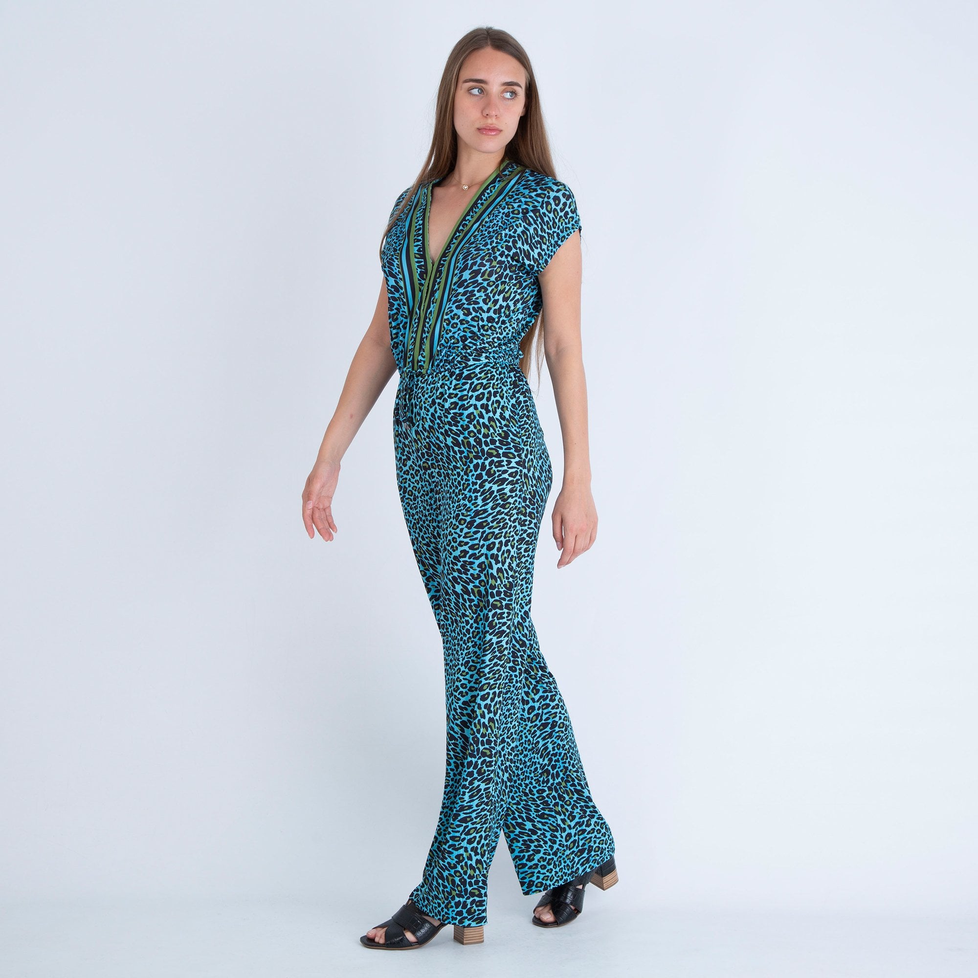 Hale Bob V Neck Leopard Print Jumpsuit Blue