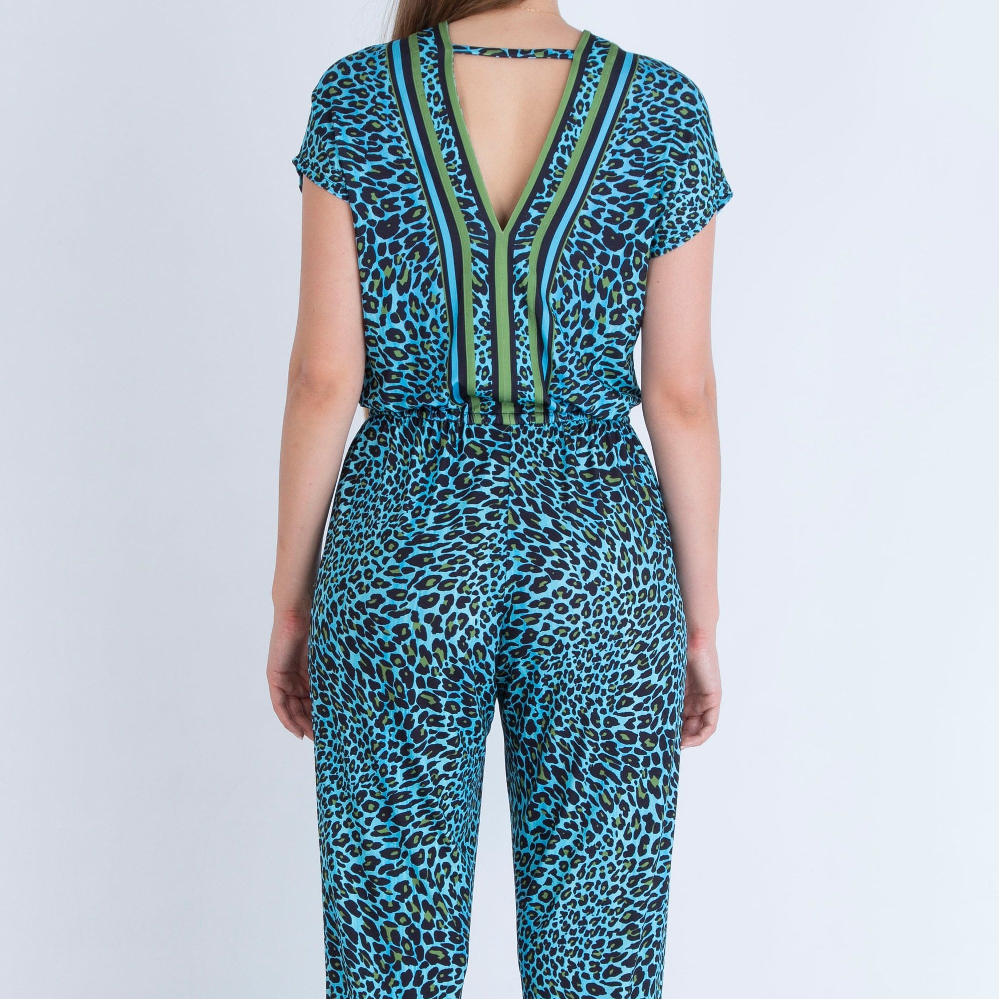 Hale Bob V Neck Leopard Print Jumpsuit Blue