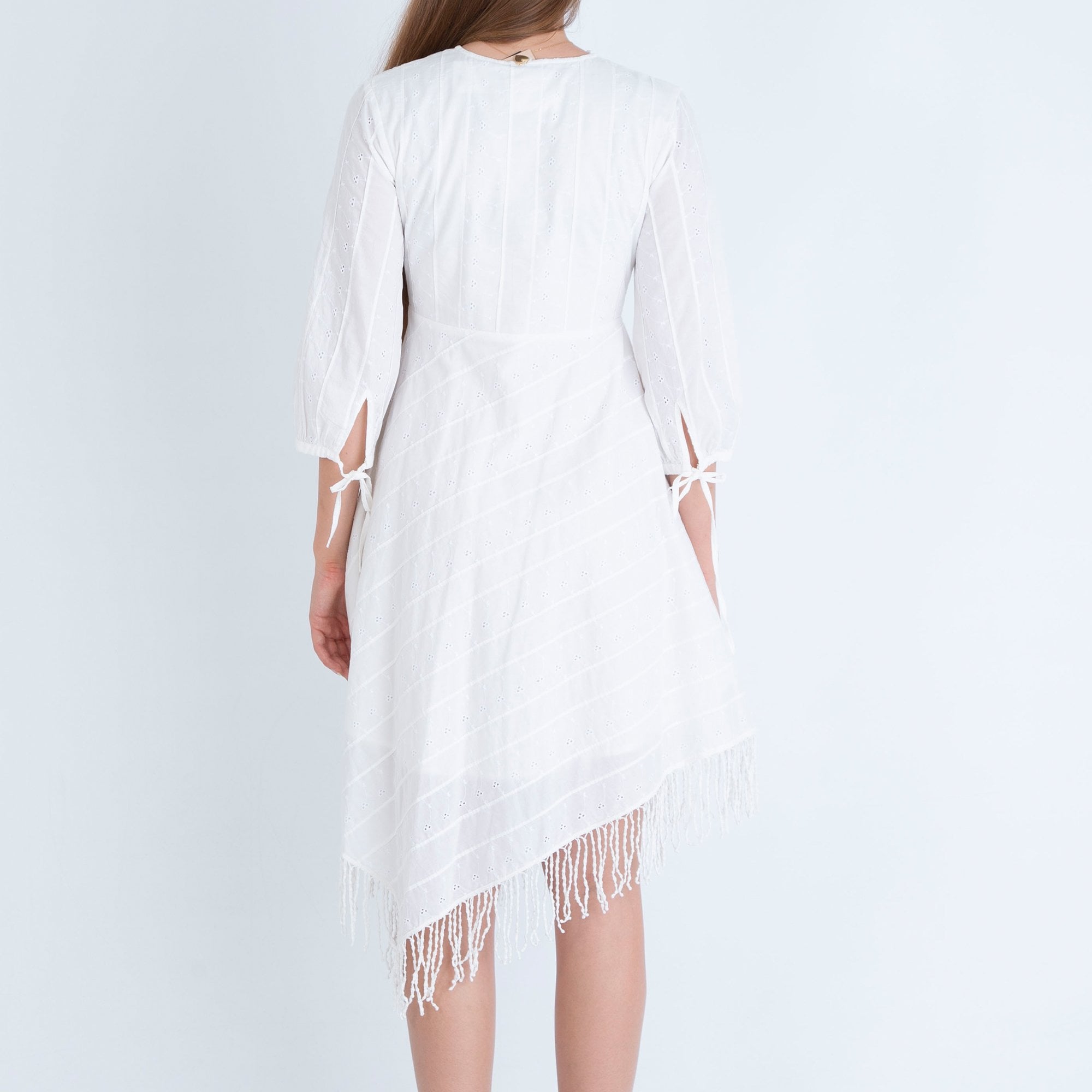 Twinset Embroidered Linen Dress With Tassle Hem White