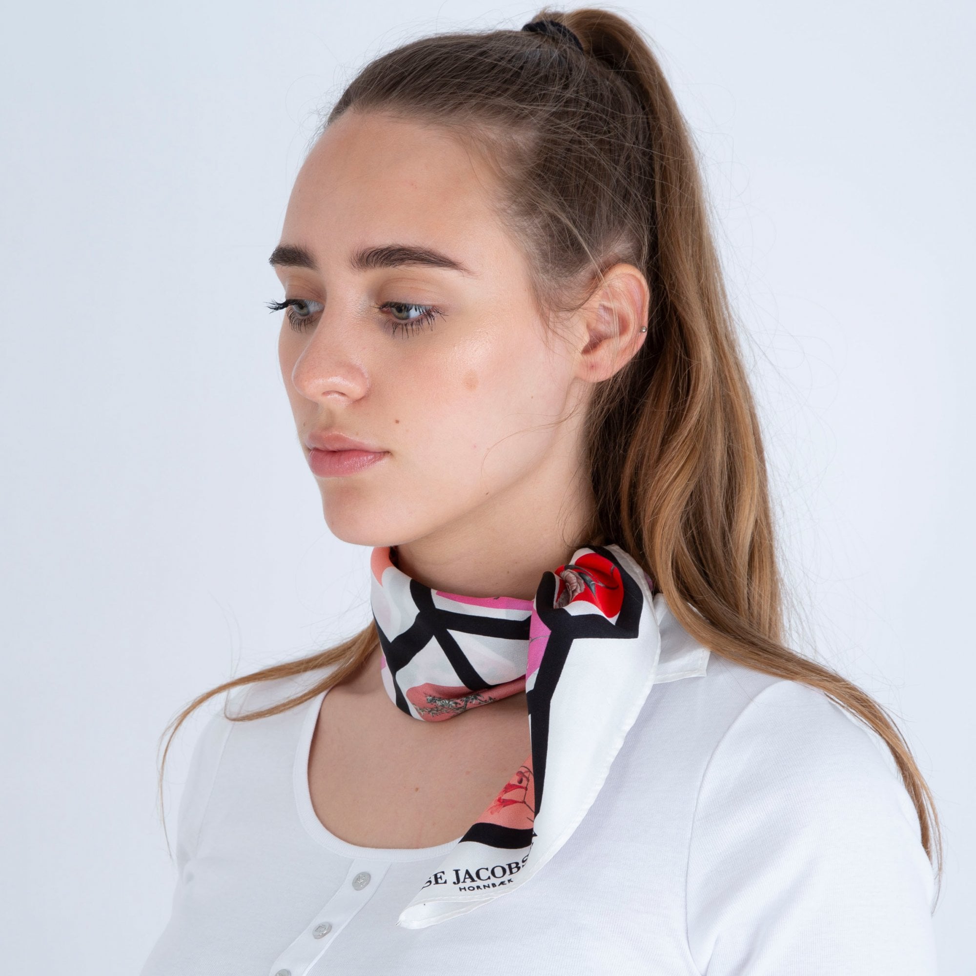 Ilse Jacobsen Geometric Floral Silk Scarf White/Red/Multi