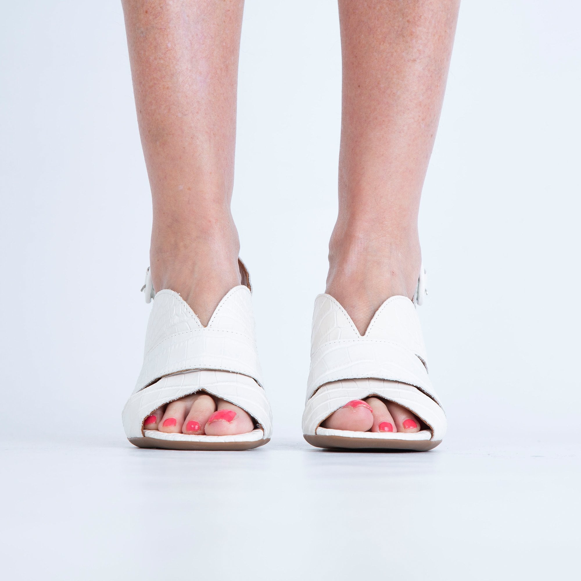 Alpe Snake Embossed Sling Back Sandals With Bloc Heel White