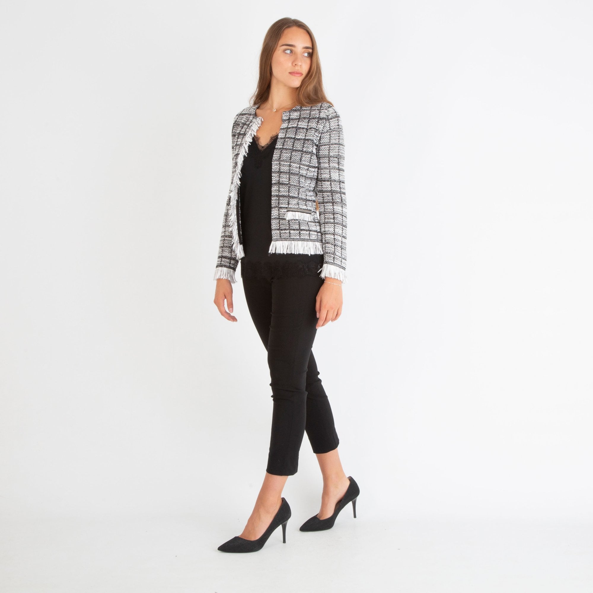 D.Exterior Fringed Fitted Check Jacket Black/white