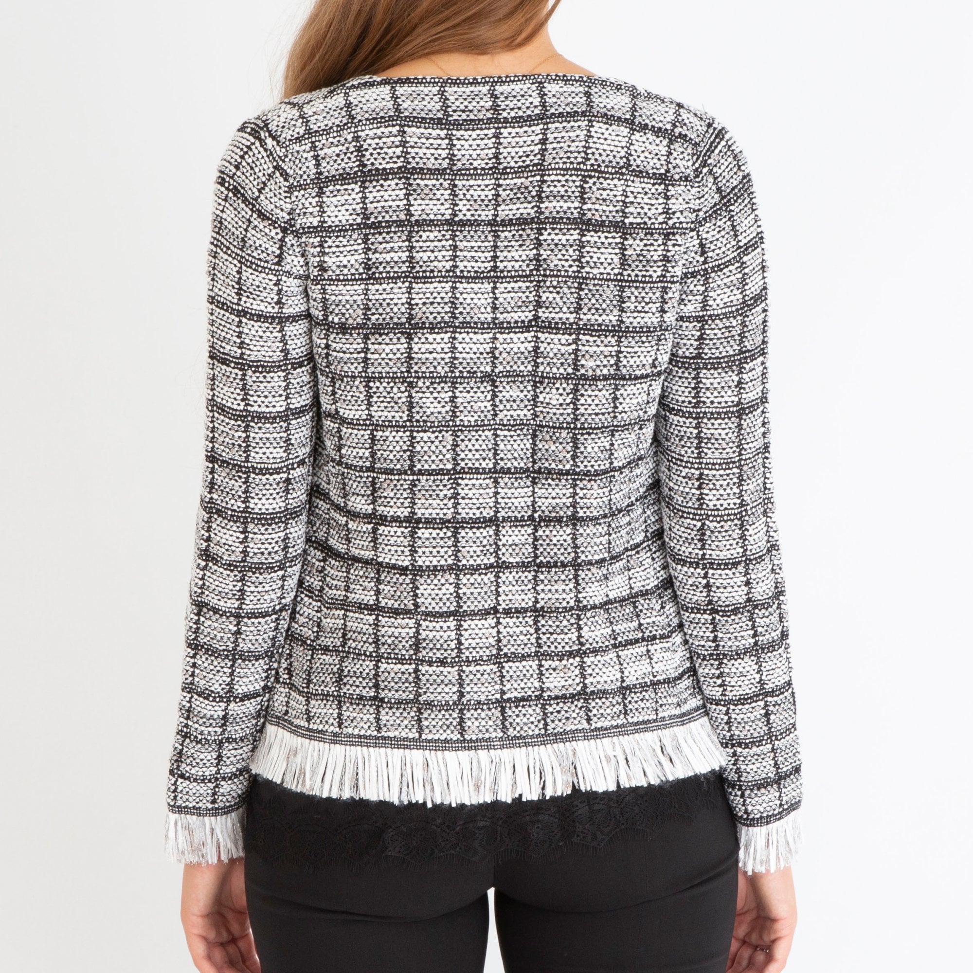 D.Exterior Fringed Fitted Check Jacket Black/white