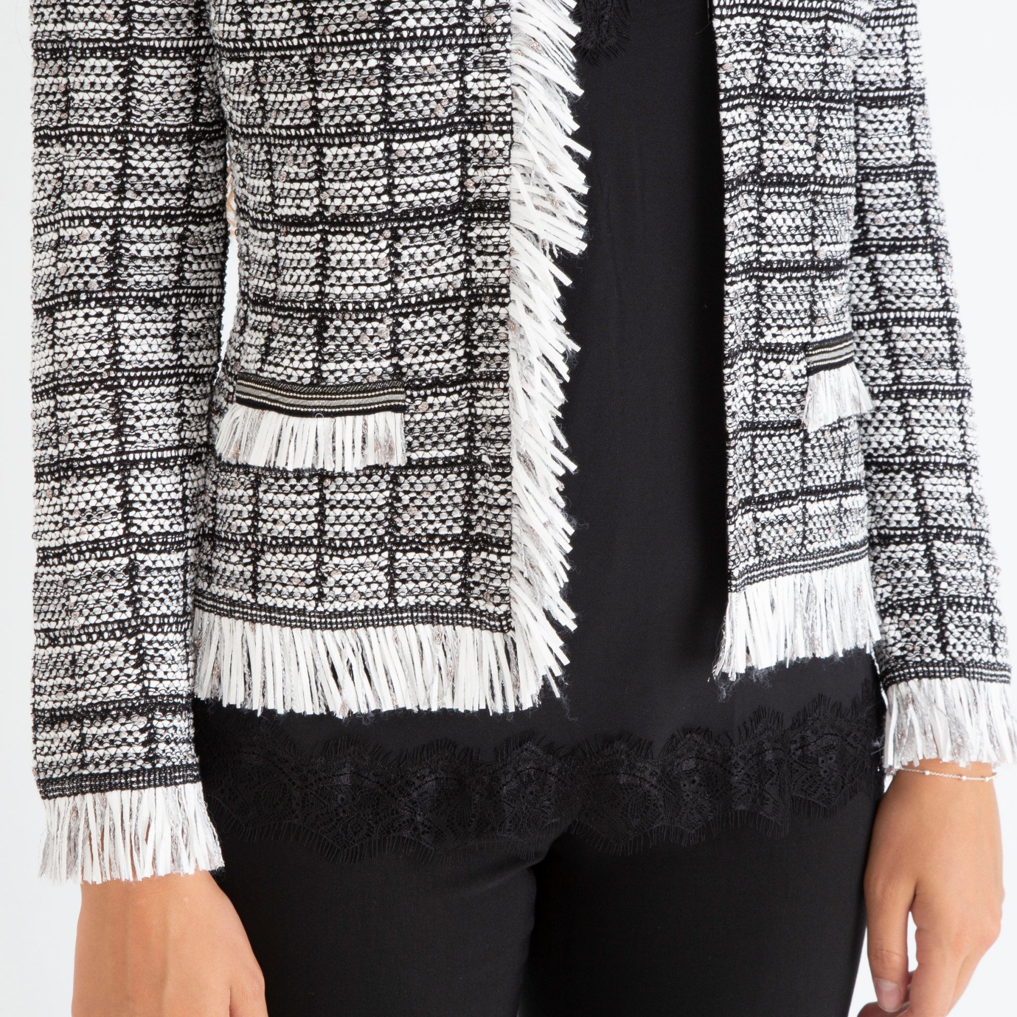 D.Exterior Fringed Fitted Check Jacket Black/white