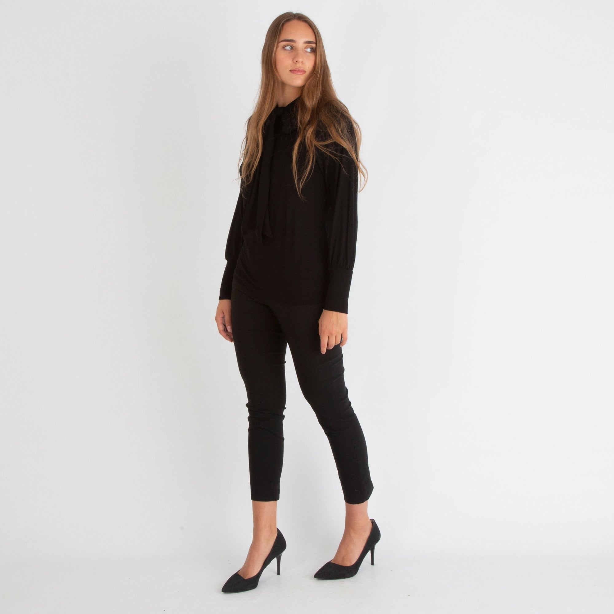 The Shirt Company Jersey Tie Neck Fitted Top Black