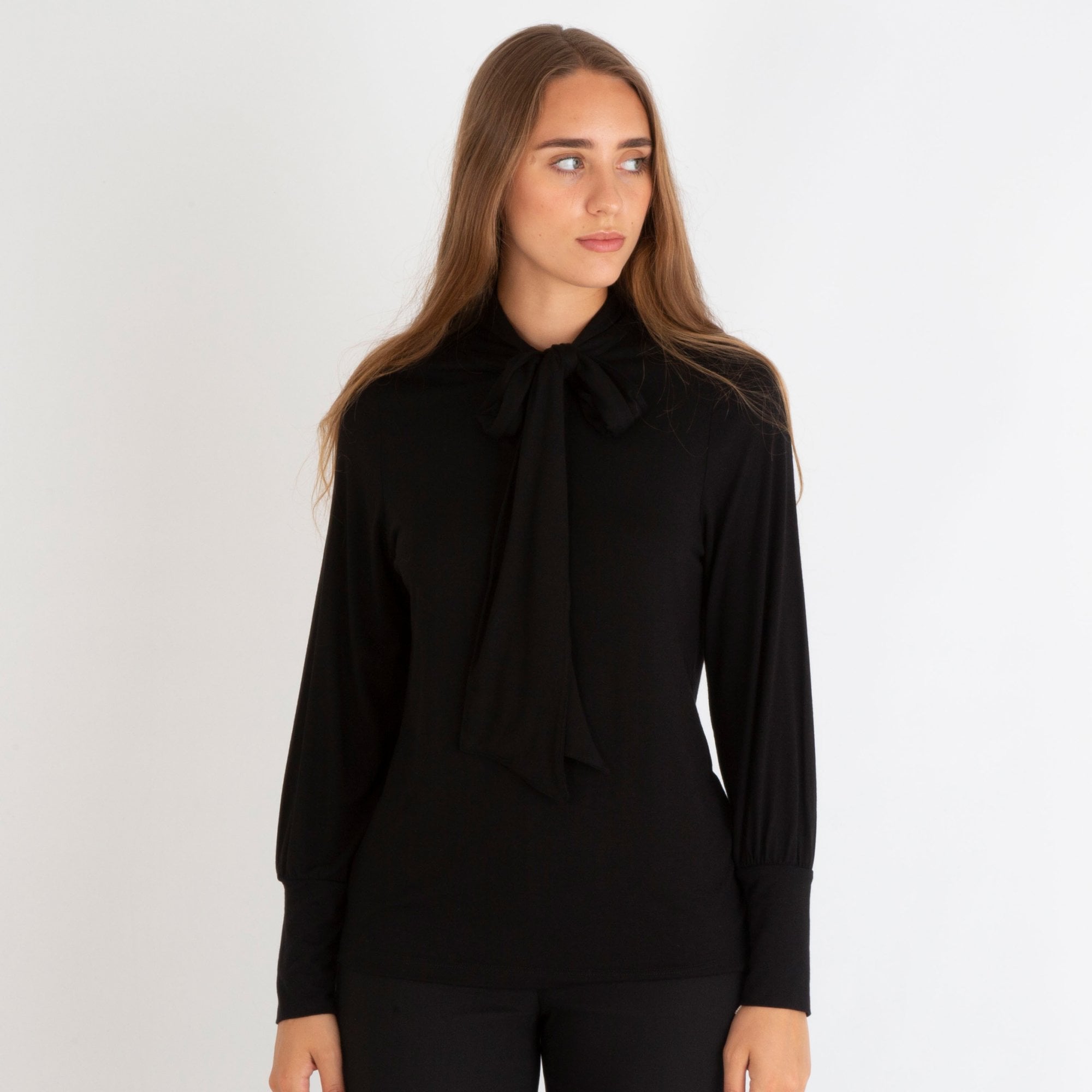 The Shirt Company Jersey Tie Neck Fitted Top Black