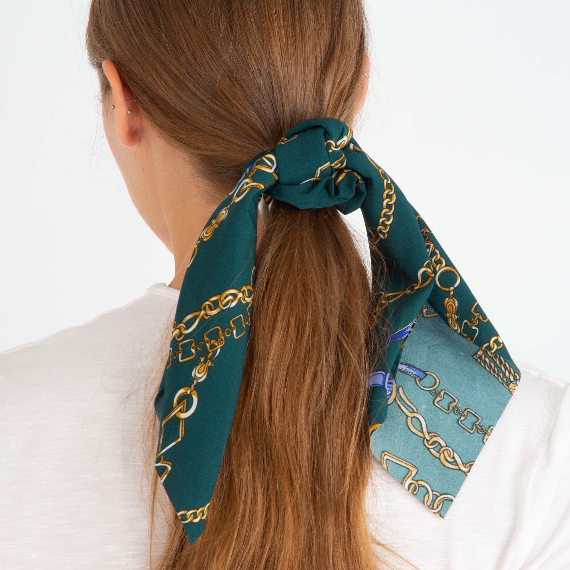 Pretty Little Props Chain Print Ribbon Scrunchie Tie Green/gold