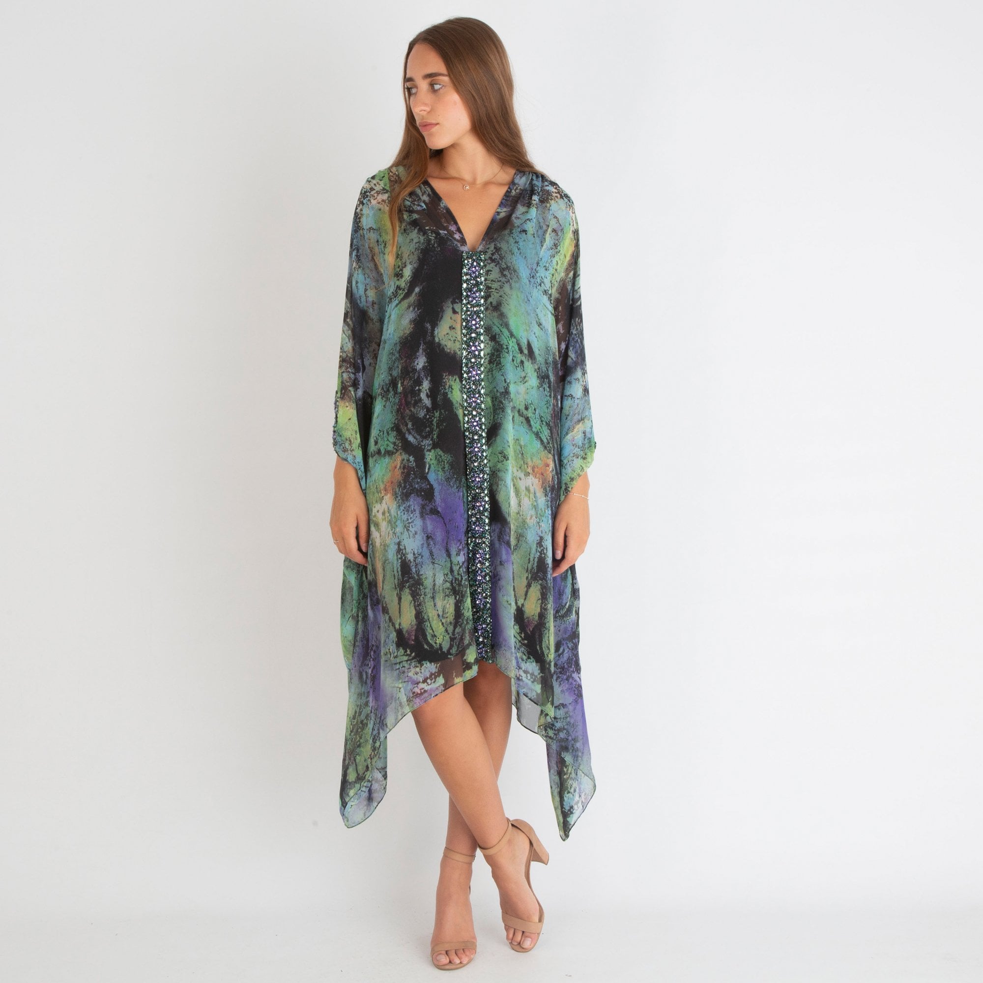 Dom Bridals V Neck Jewelled Kaftan With Open Sleeves Purple/Lime