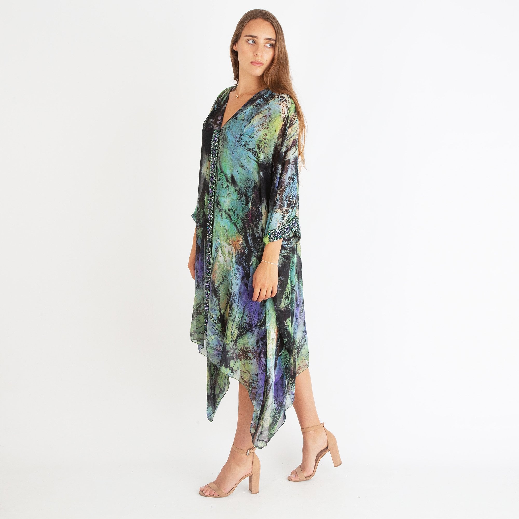 Dom Bridals V Neck Jewelled Kaftan With Open Sleeves Purple/Lime