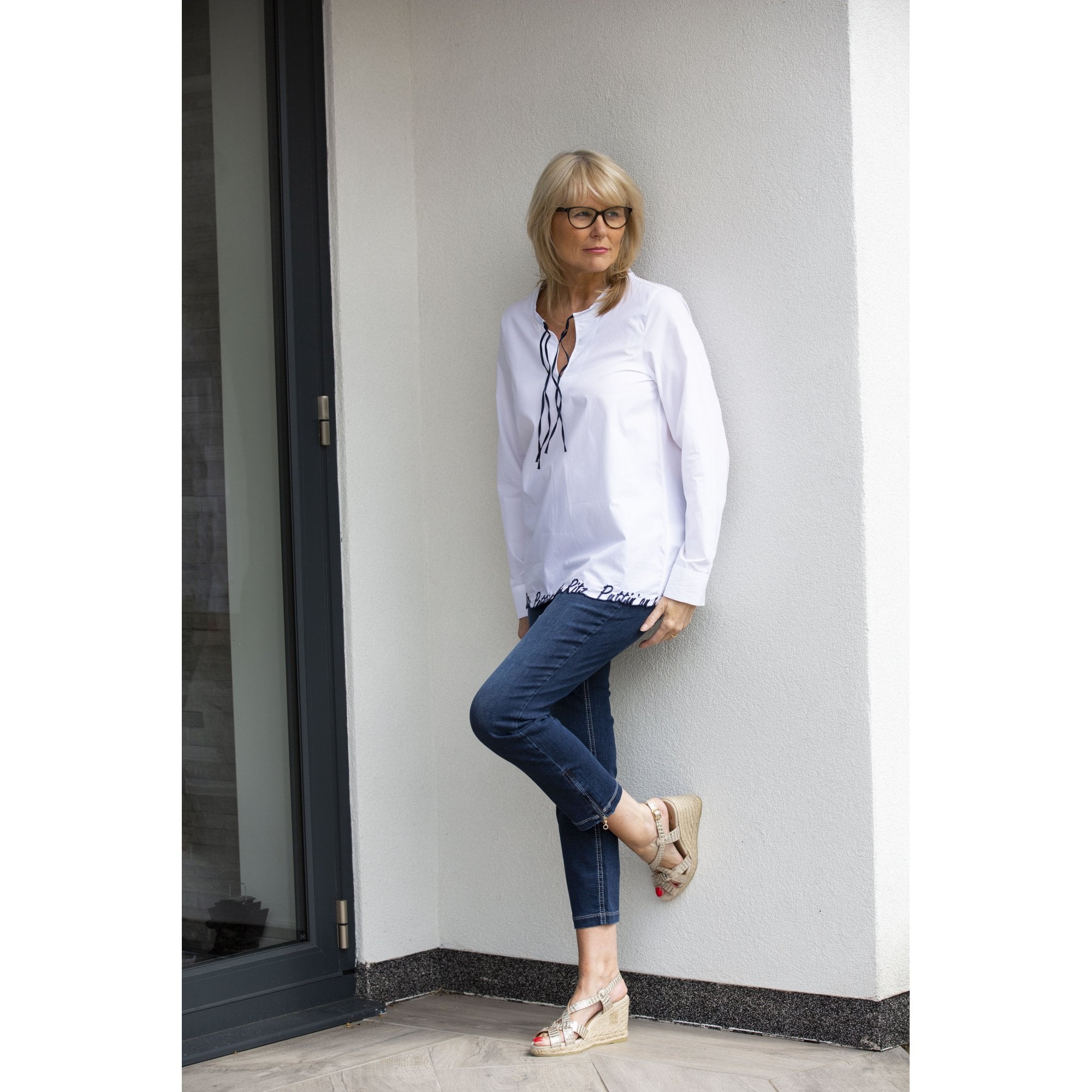 Riani Pretty Tie Neck Embroidered Hem Blouse White