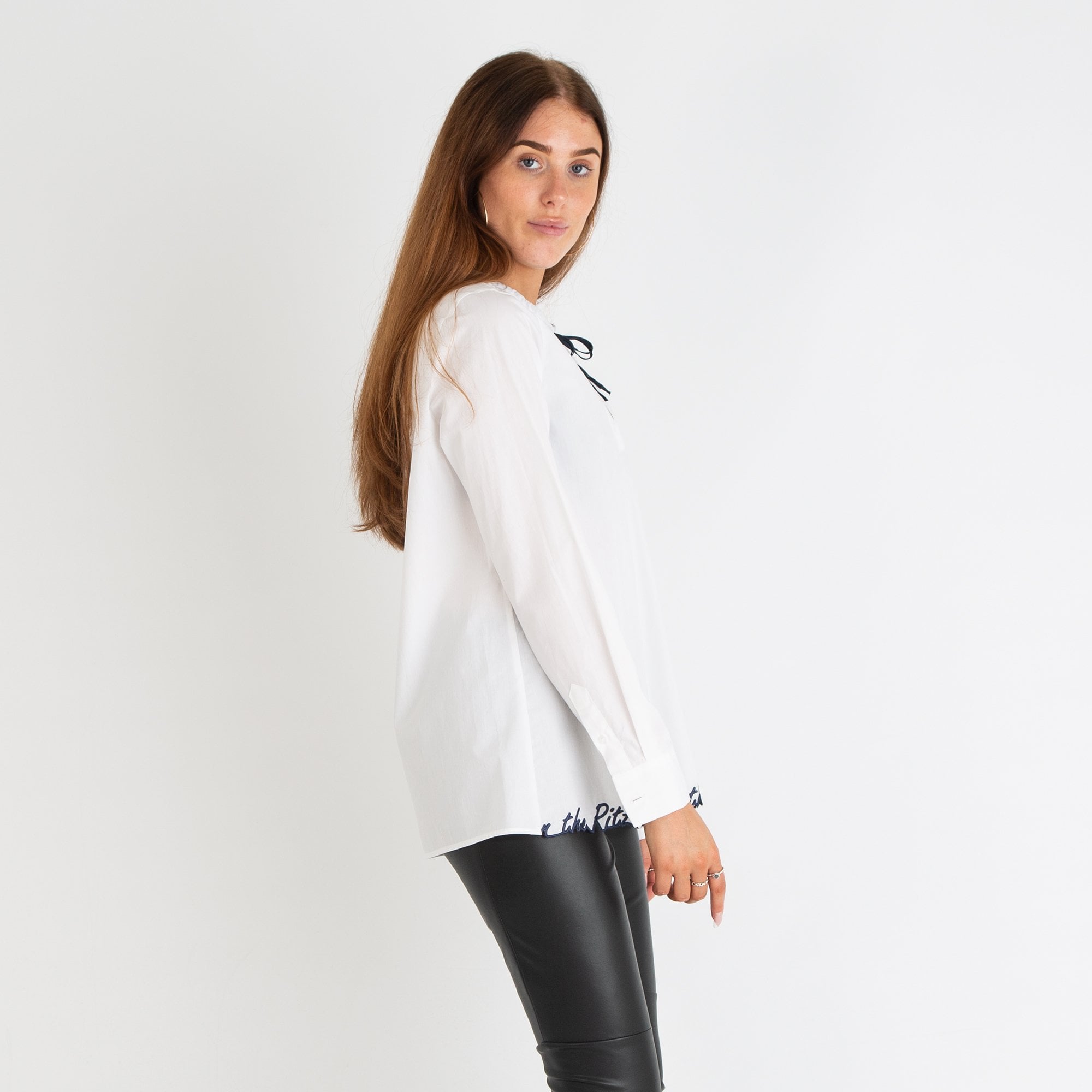 Riani Pretty Tie Neck Embroidered Hem Blouse White