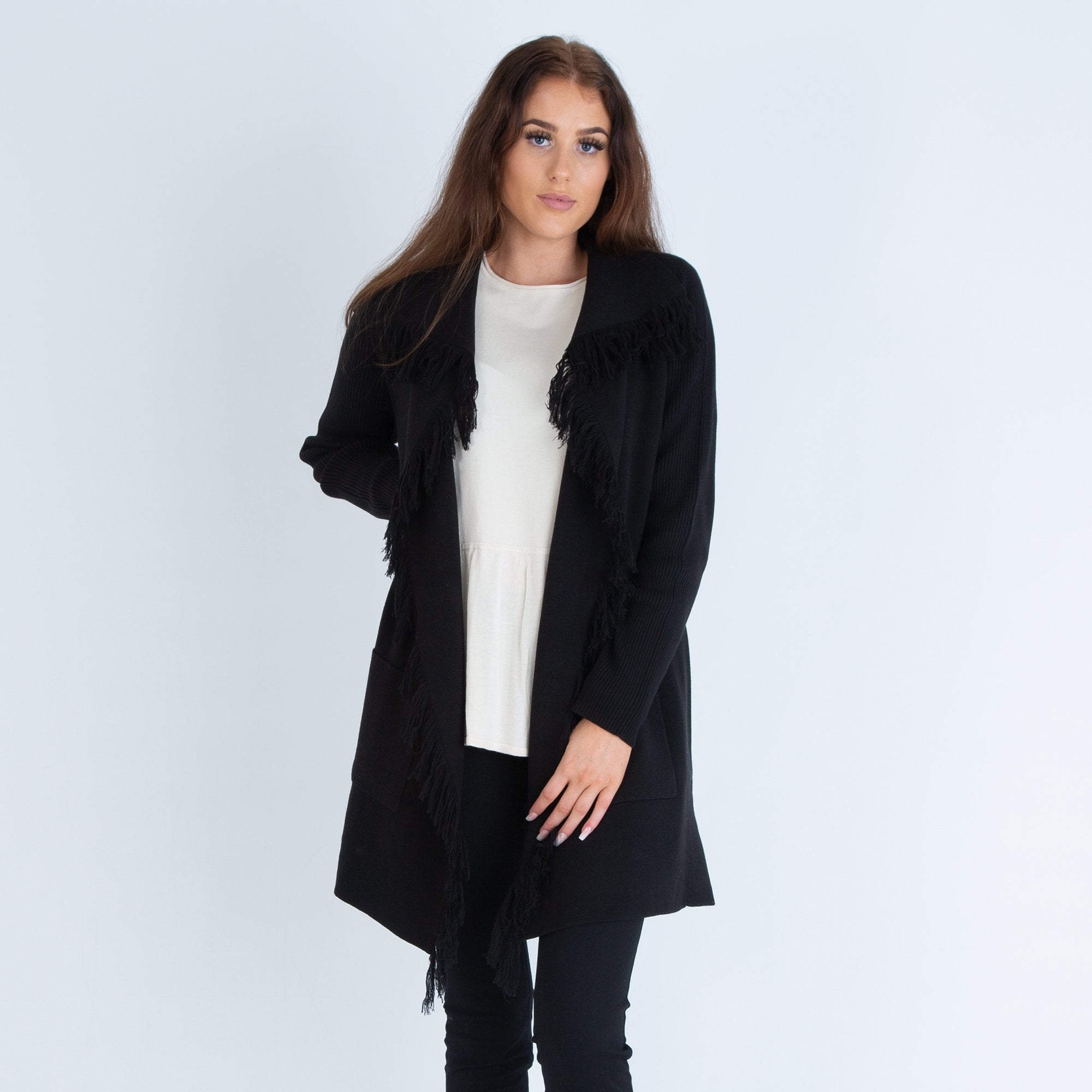 Repeat Waterfall Fringed Edge Cardigan Black & Tan