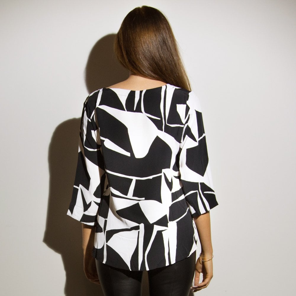 Masai Britt Abstract Print Tie Side Round Neck Blouse Black/ecru
