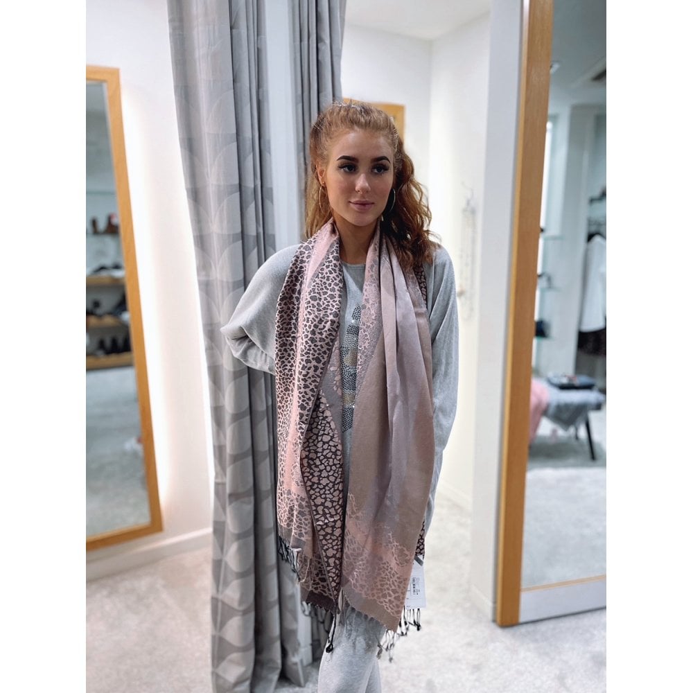 Sister PR Shiny Leopard & Stripe Scarf Peach/grey