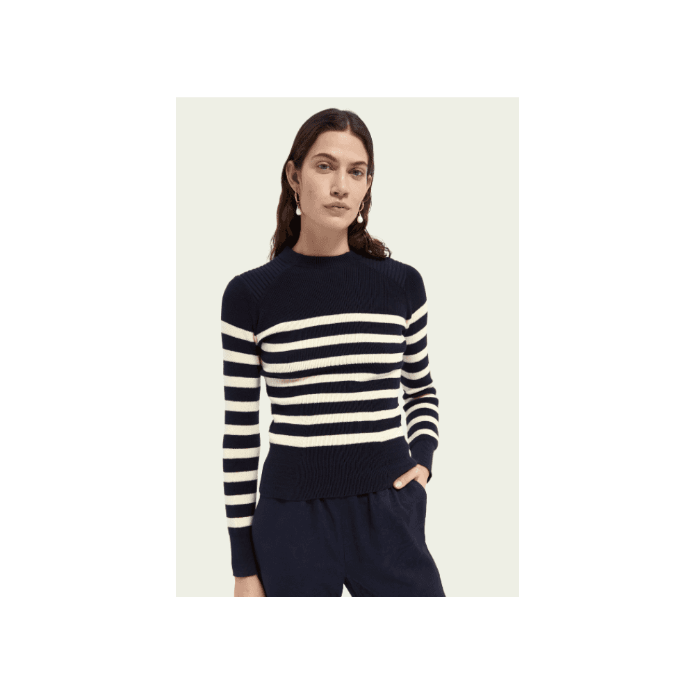 Scotch & Soda Breton Knitted Stripe Fitted Jumper Navy/cream