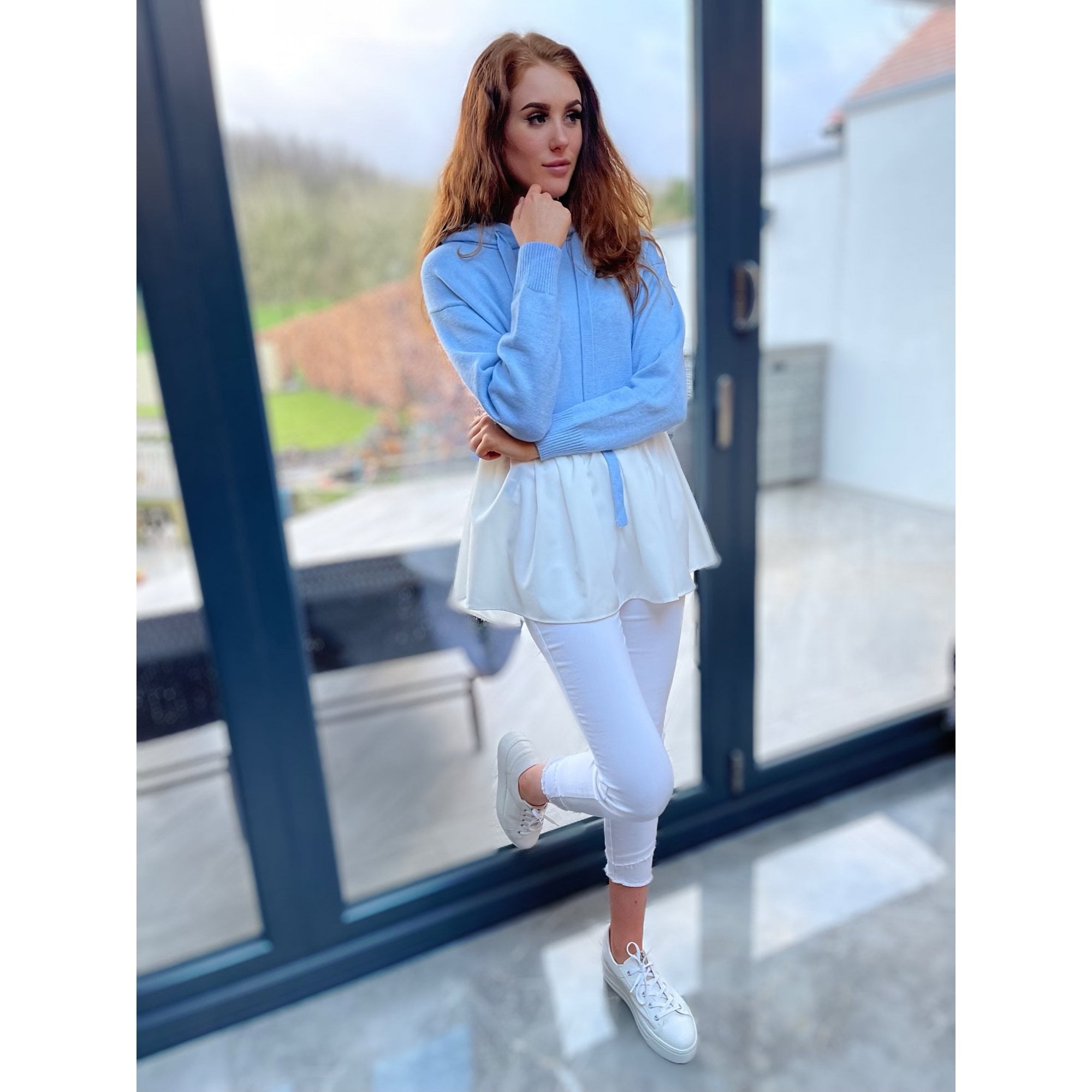 Sister ZU Hooded Jumper With Gathered Fabric Peplum Blue