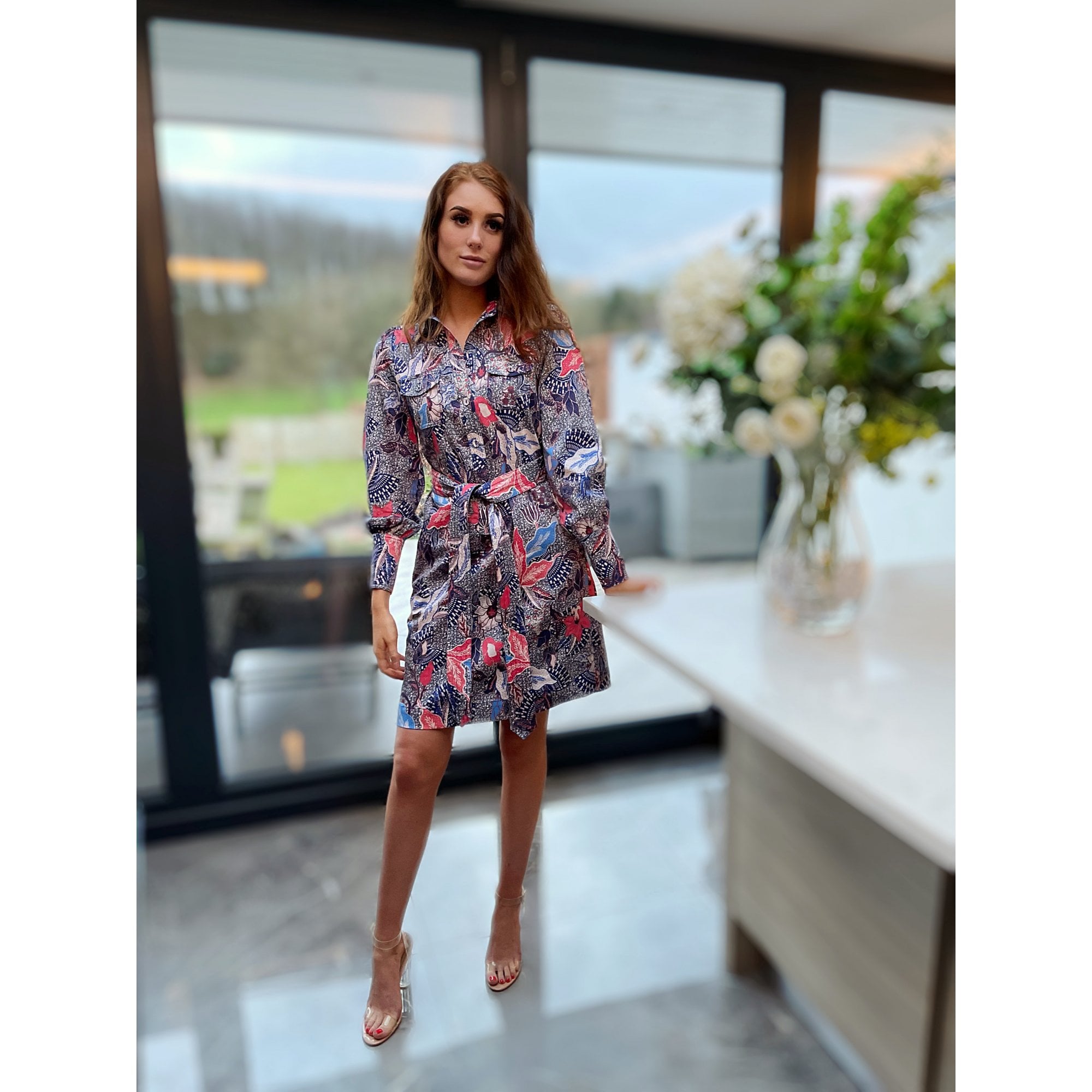 Dea Kudibal Alice Cotton Belted Floral Print Shirt Dress Blue/Multi