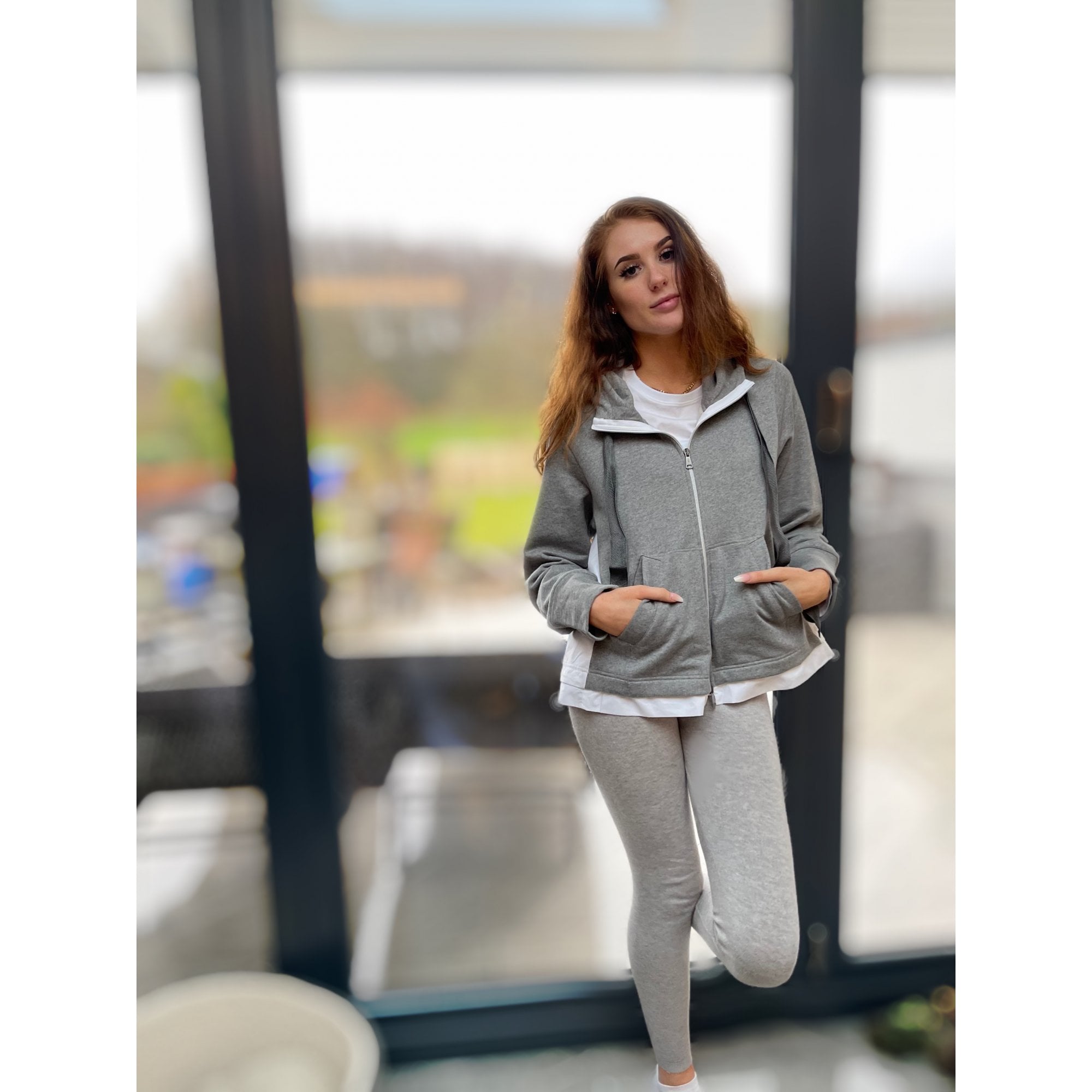 Luisa Cerano Cotton Back Hooded Sweatshirt Jacket Grey/White