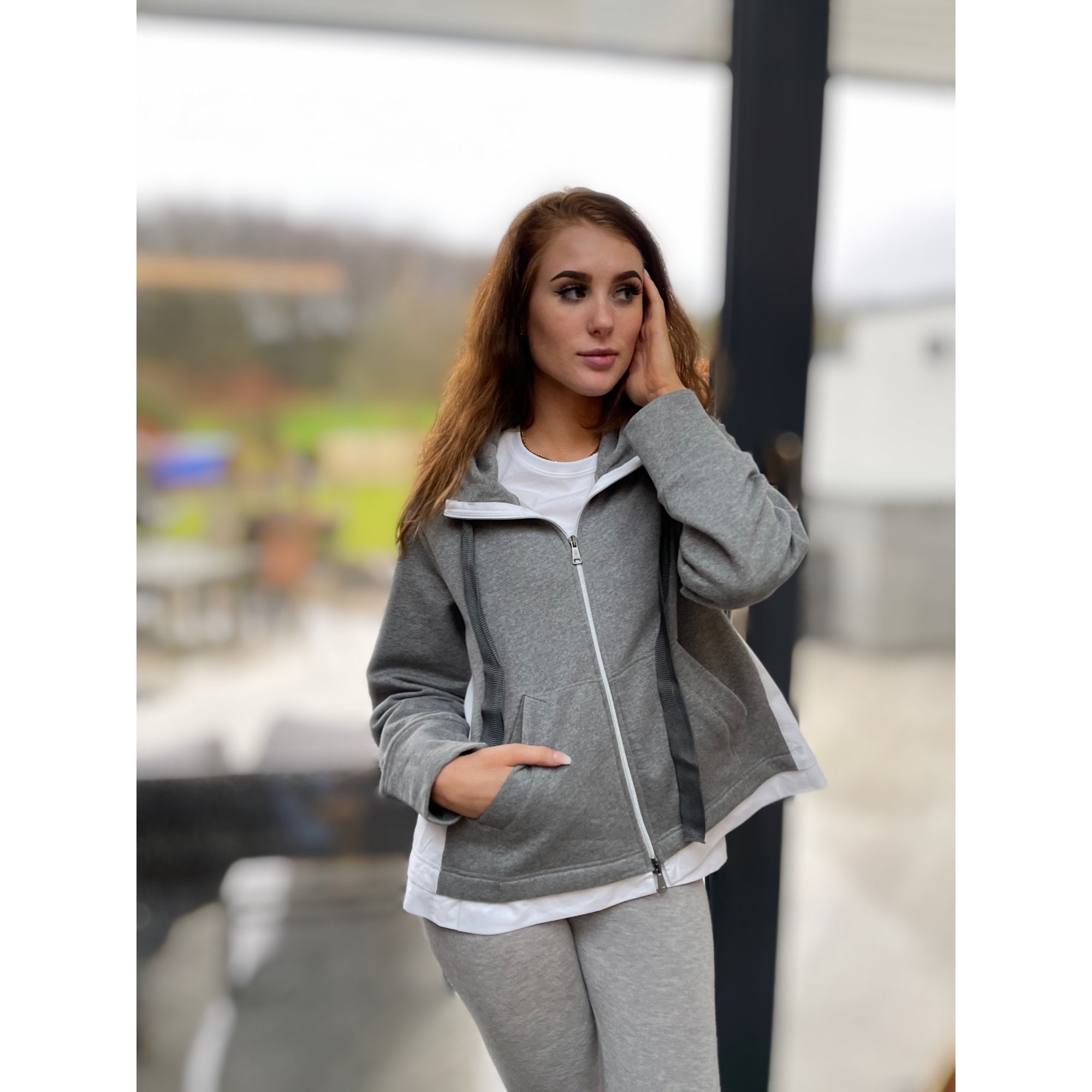 Luisa Cerano Cotton Back Hooded Sweatshirt Jacket Grey/White