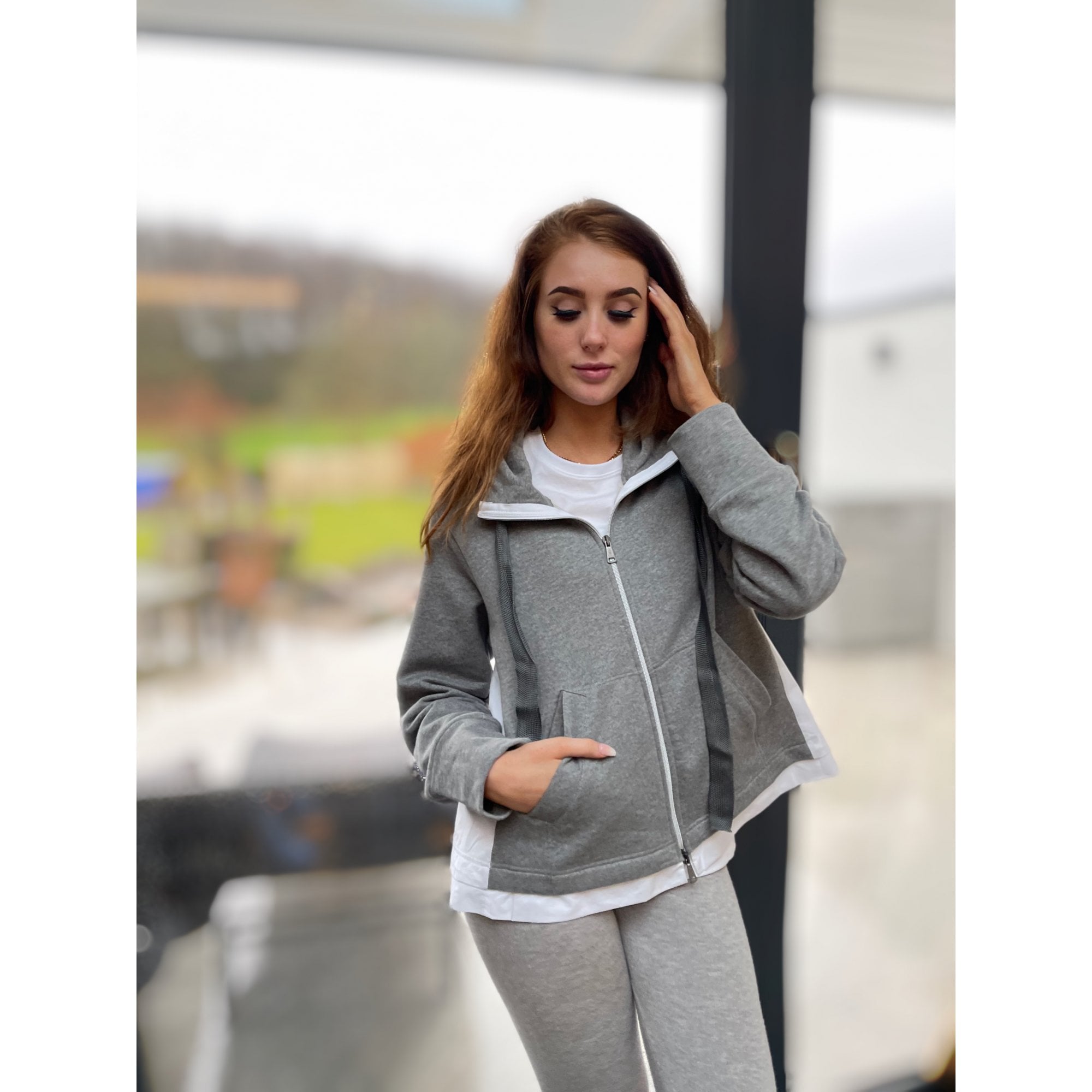 Luisa Cerano Cotton Back Hooded Sweatshirt Jacket Grey/White