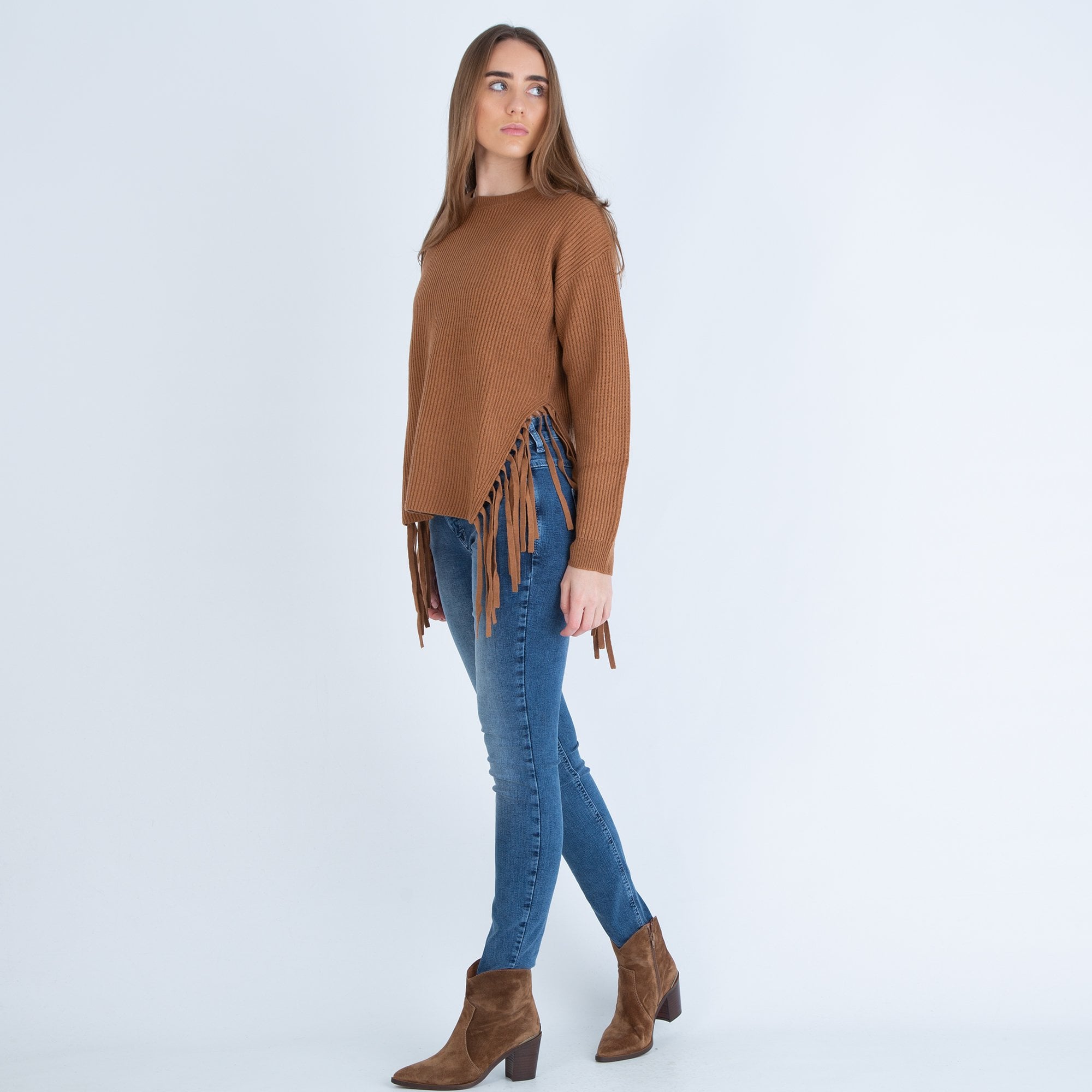 Luisa Cerano Ribbed Jumper With Fringe Detailing Cinnamon
