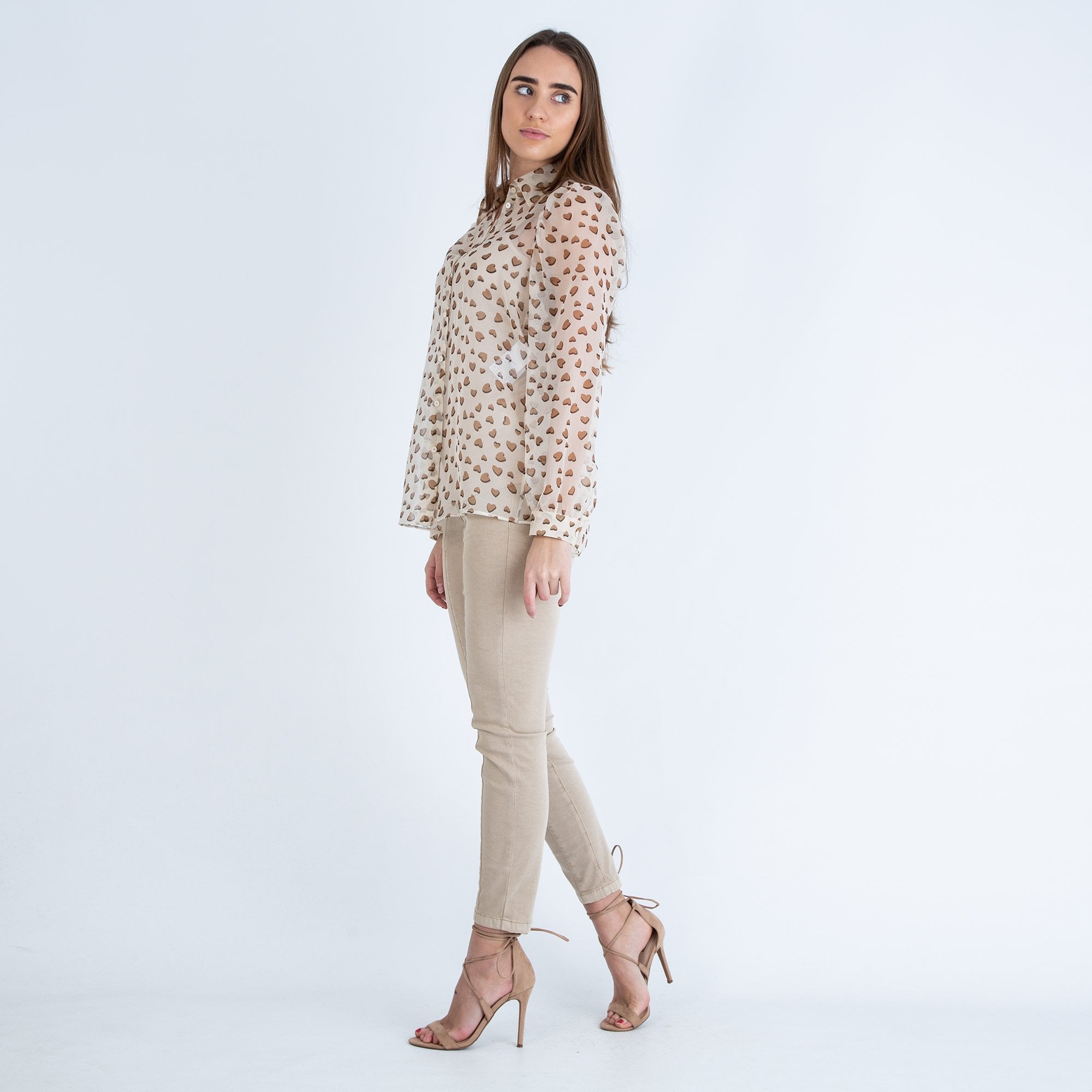Luisa Cerano Heart Print Organza Blouse Cream/camel