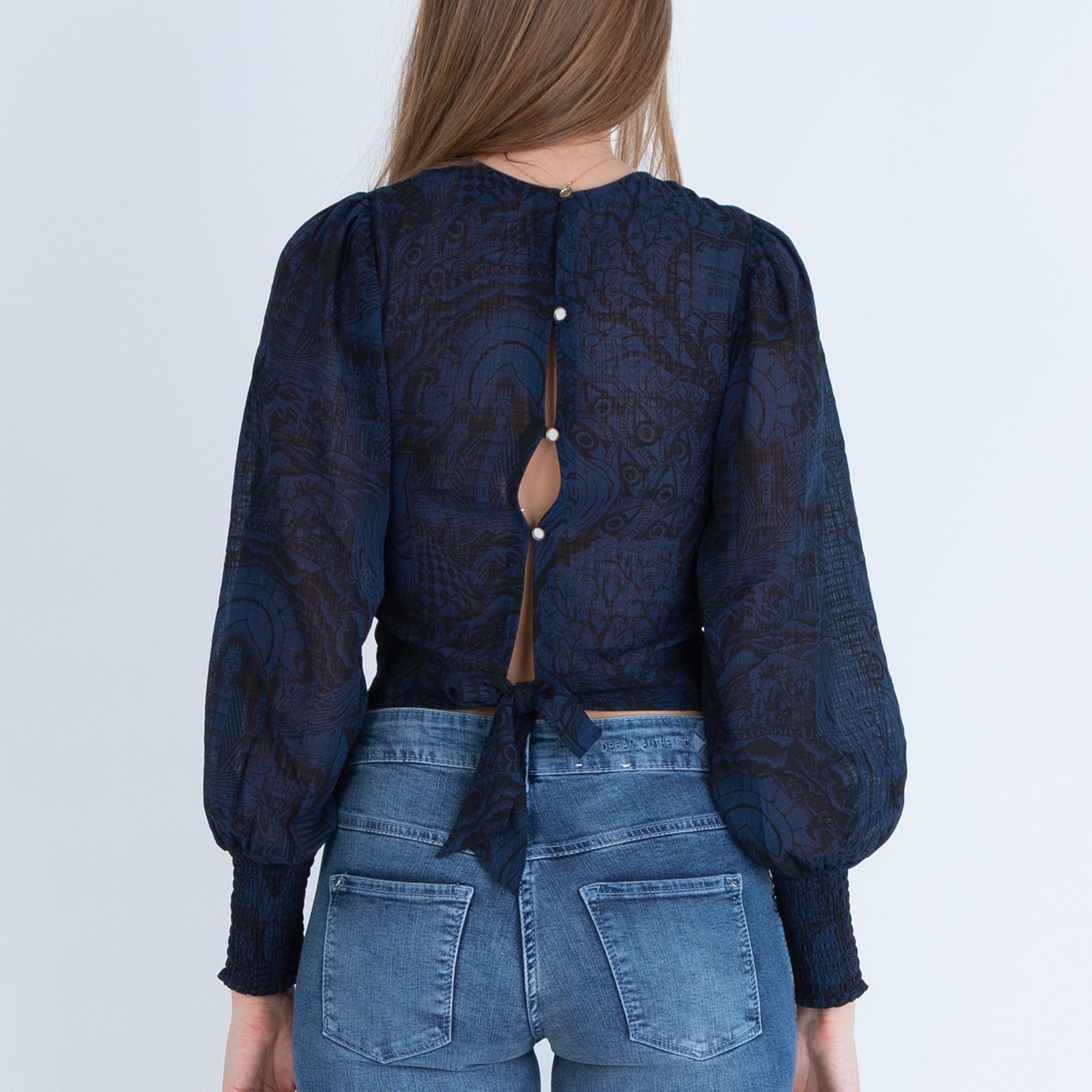 Scotch & Soda Smocked Detailing Blouse With Button Back Navy