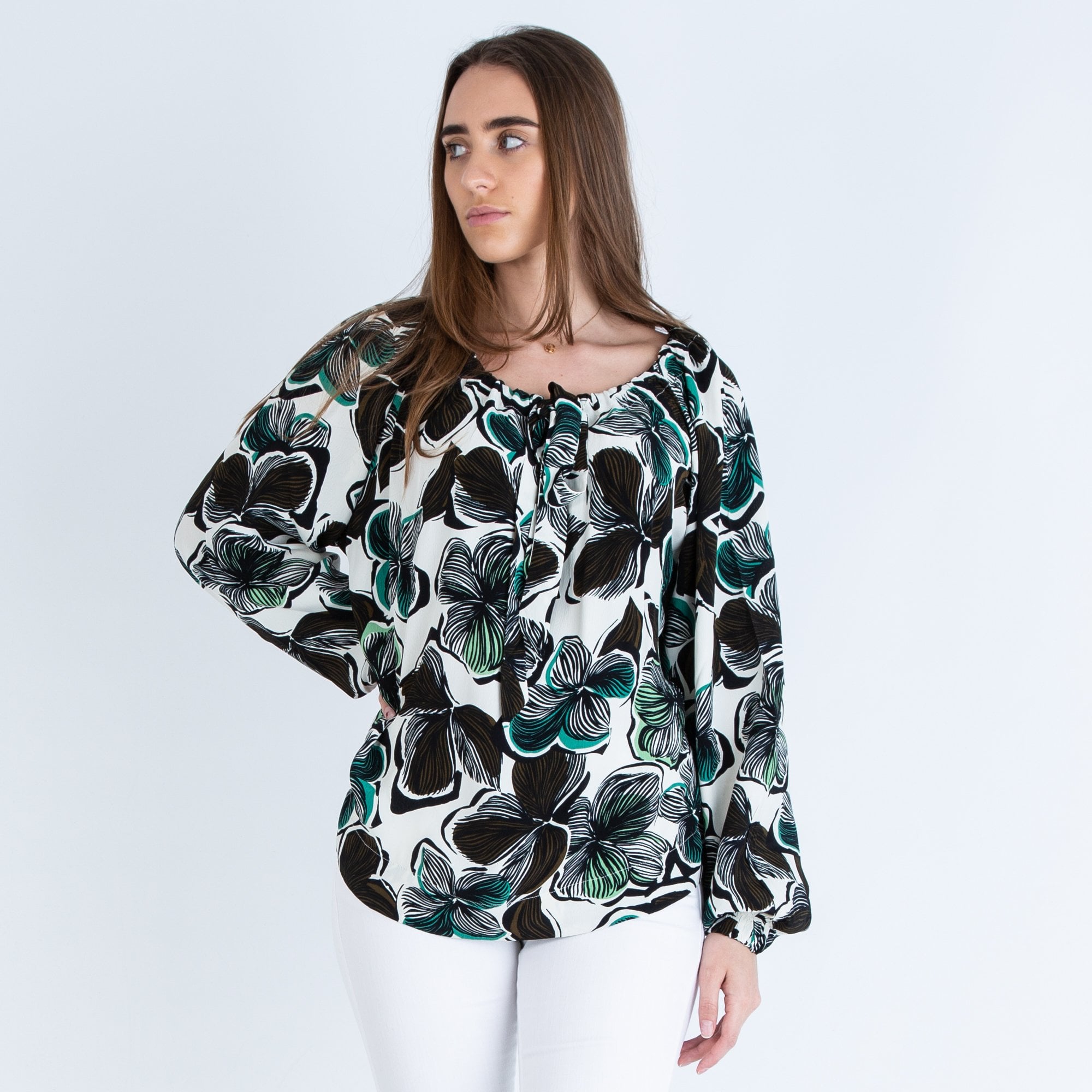 Masai Belinda Drawstring Neck Floral Print Blouse Black/white/green