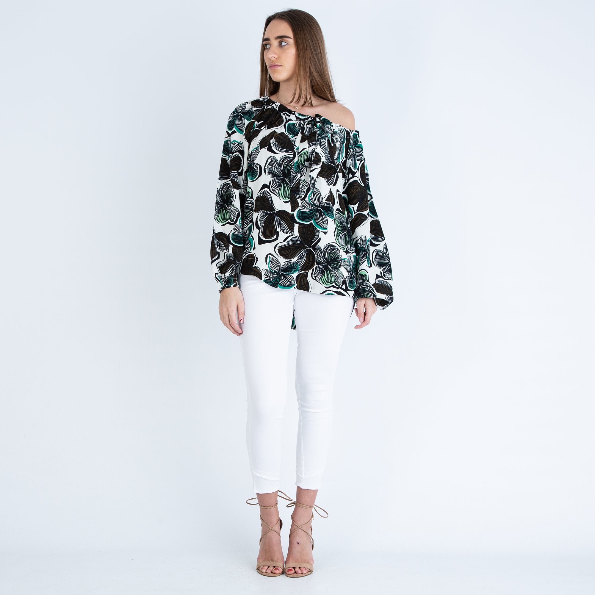 Masai Belinda Drawstring Neck Floral Print Blouse Black/white/green
