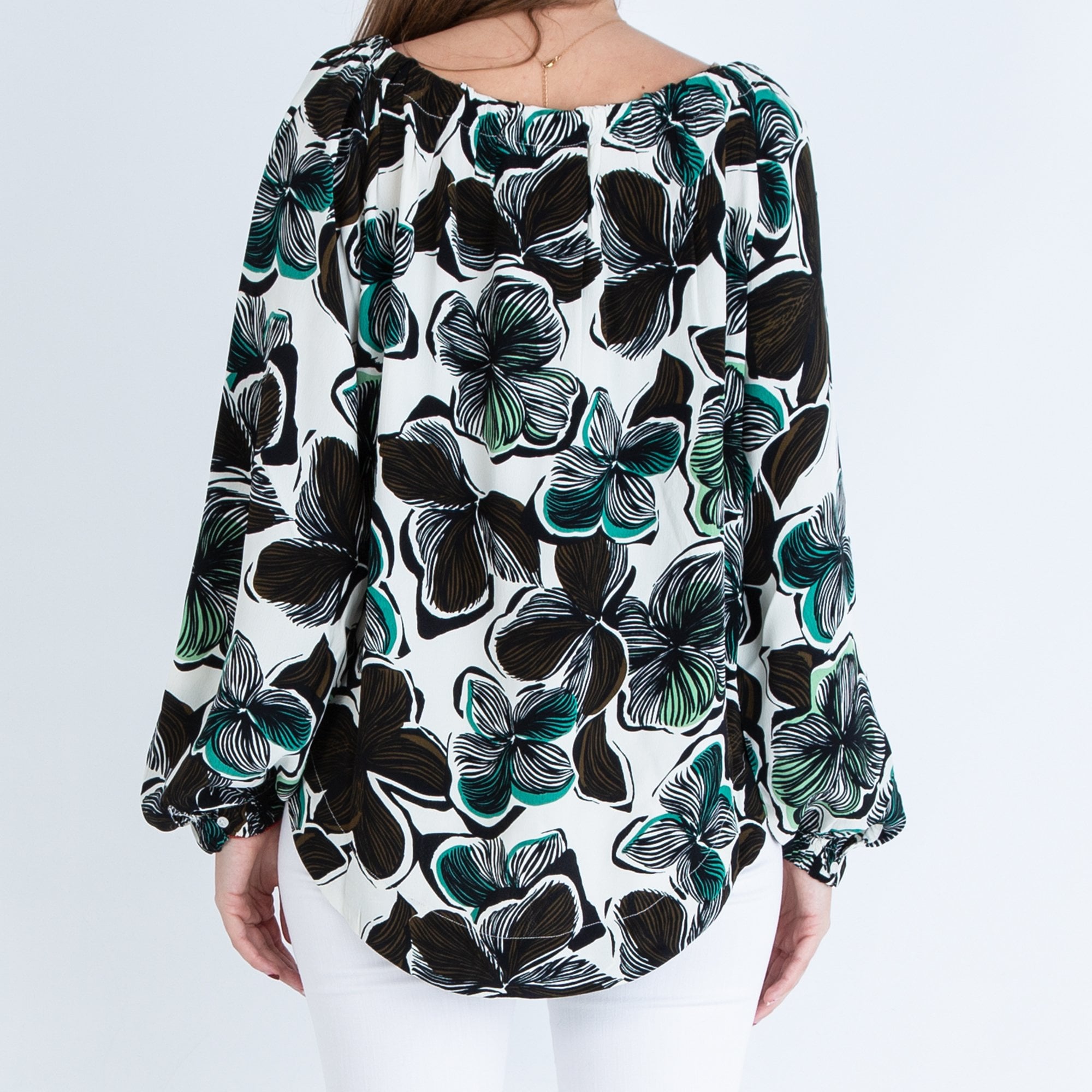 Masai Belinda Drawstring Neck Floral Print Blouse Black/white/green