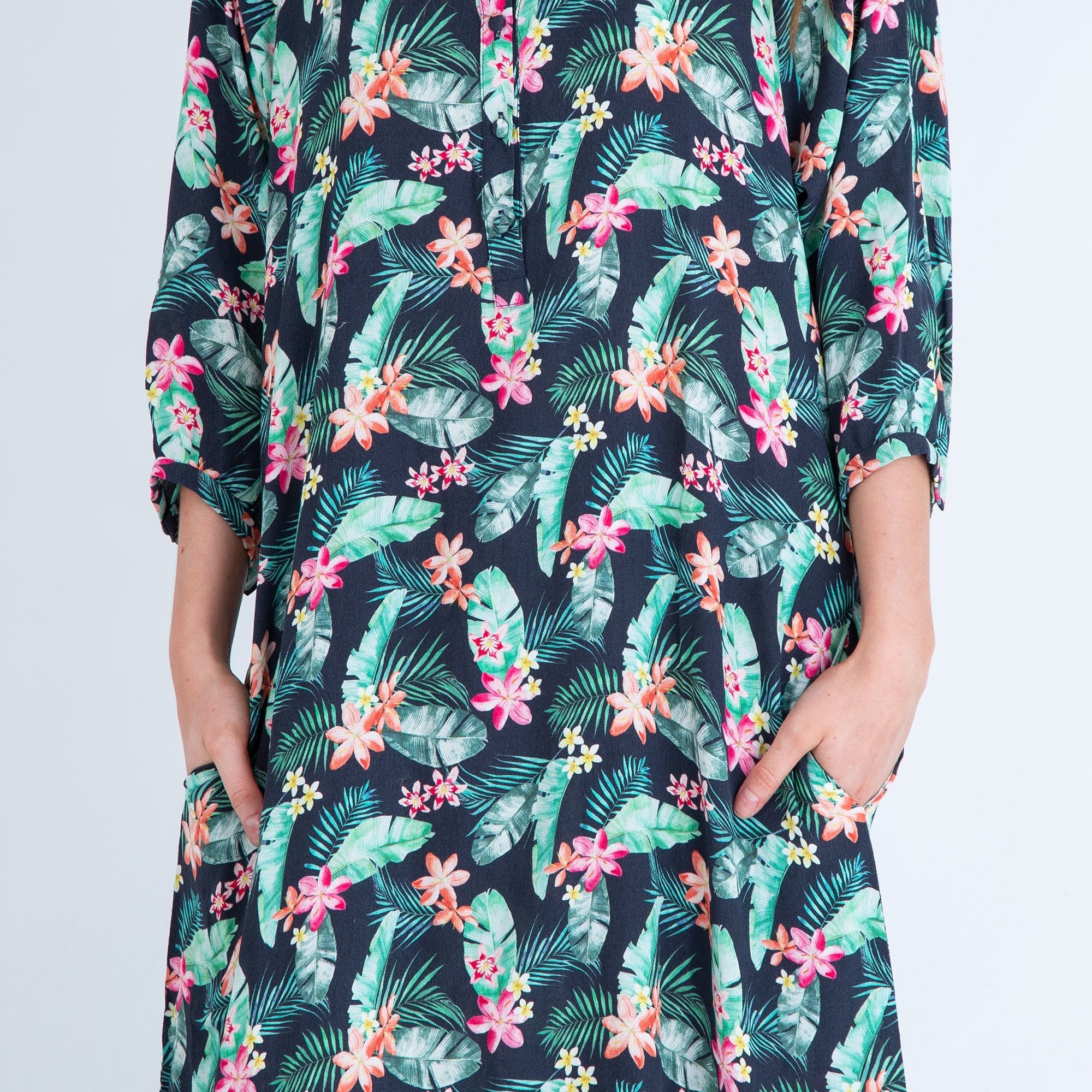Primrose Park A Line Tropical Print Button Through Dress Black Multi
