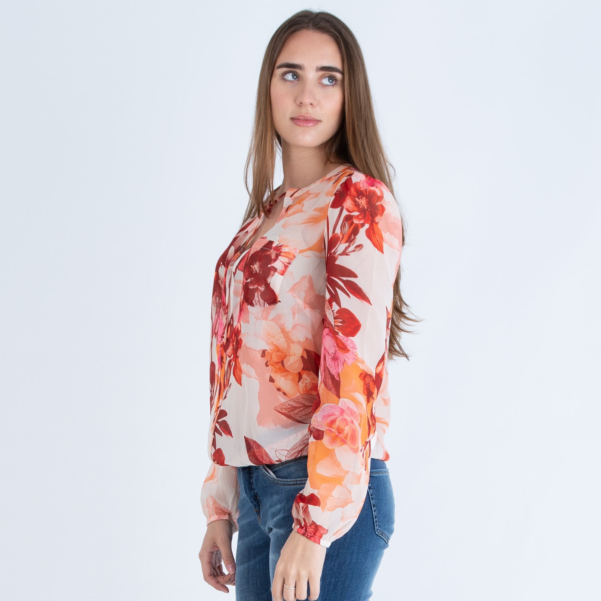 Monari Floral Tie Neck Pretty Blouse Orange/pink