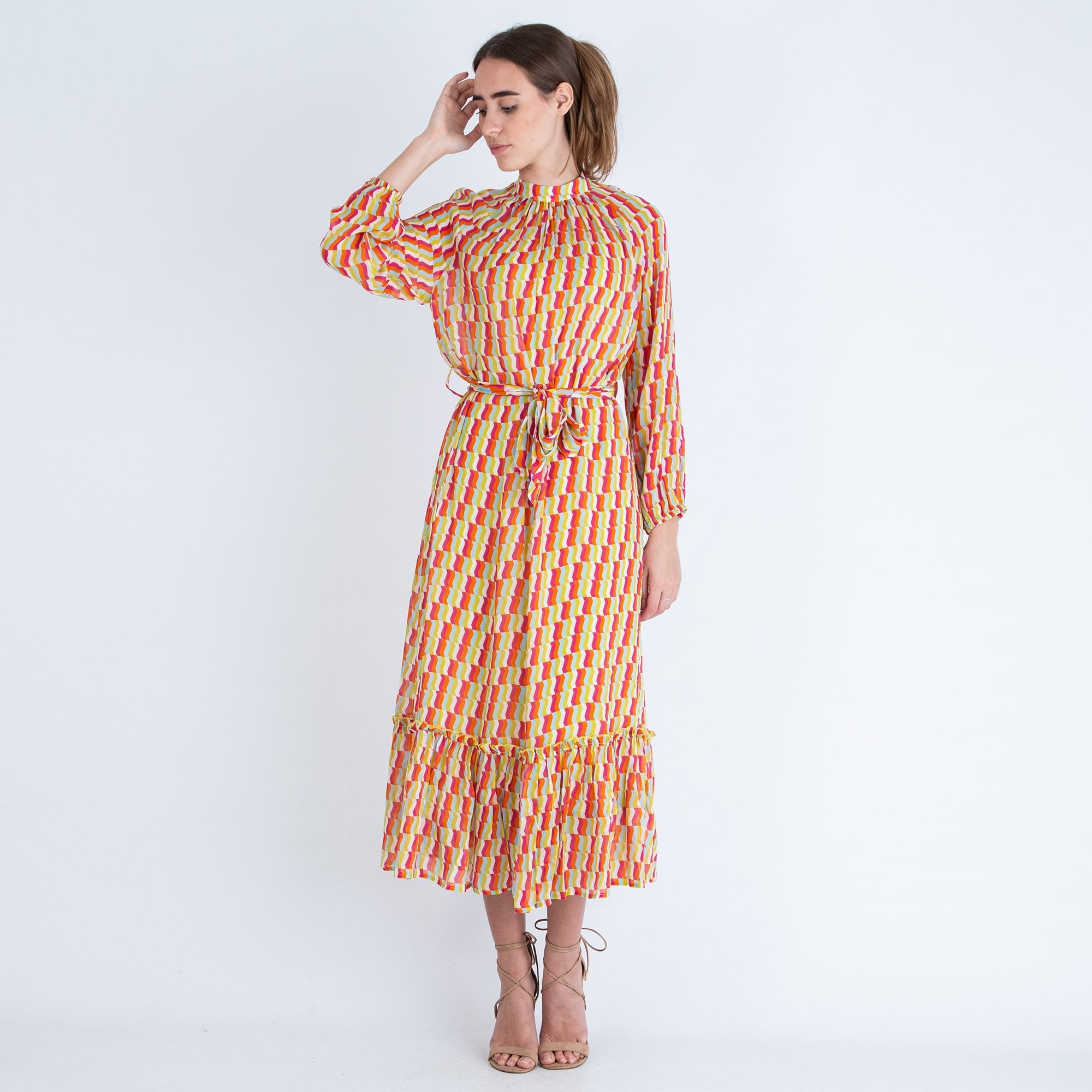 Herzens Angelegenheit Frill Hem Chiffon Block Print Dress Multi